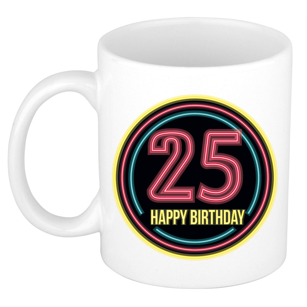Verjaardag mok / beker - happy birthday 25 jaar - neon - 300 ml - verjaardagscadeau -