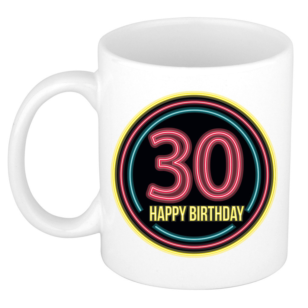 Verjaardag mok / beker - happy birthday 30 jaar - neon - 300 ml - verjaardagscadeau -