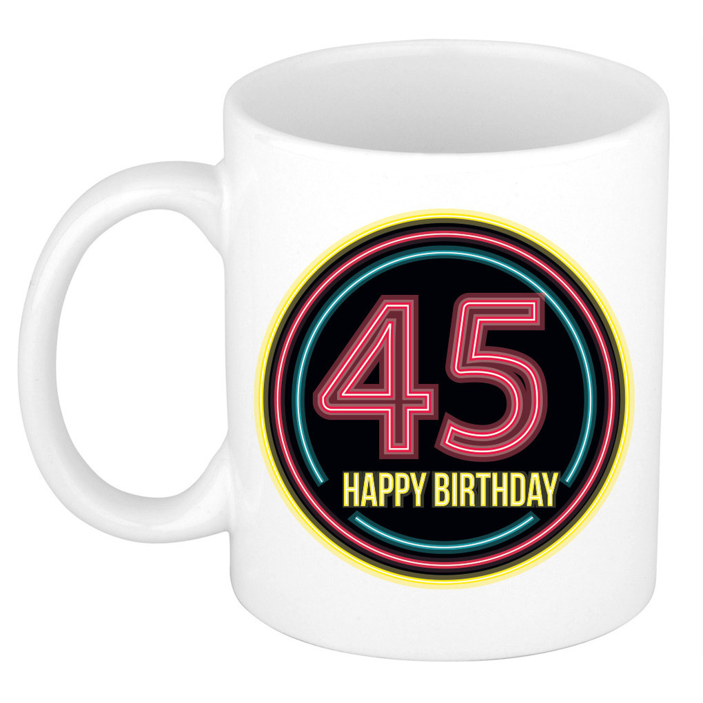 Verjaardag mok / beker - happy birthday 45 jaar - neon - 300 ml - verjaardagscadeau -