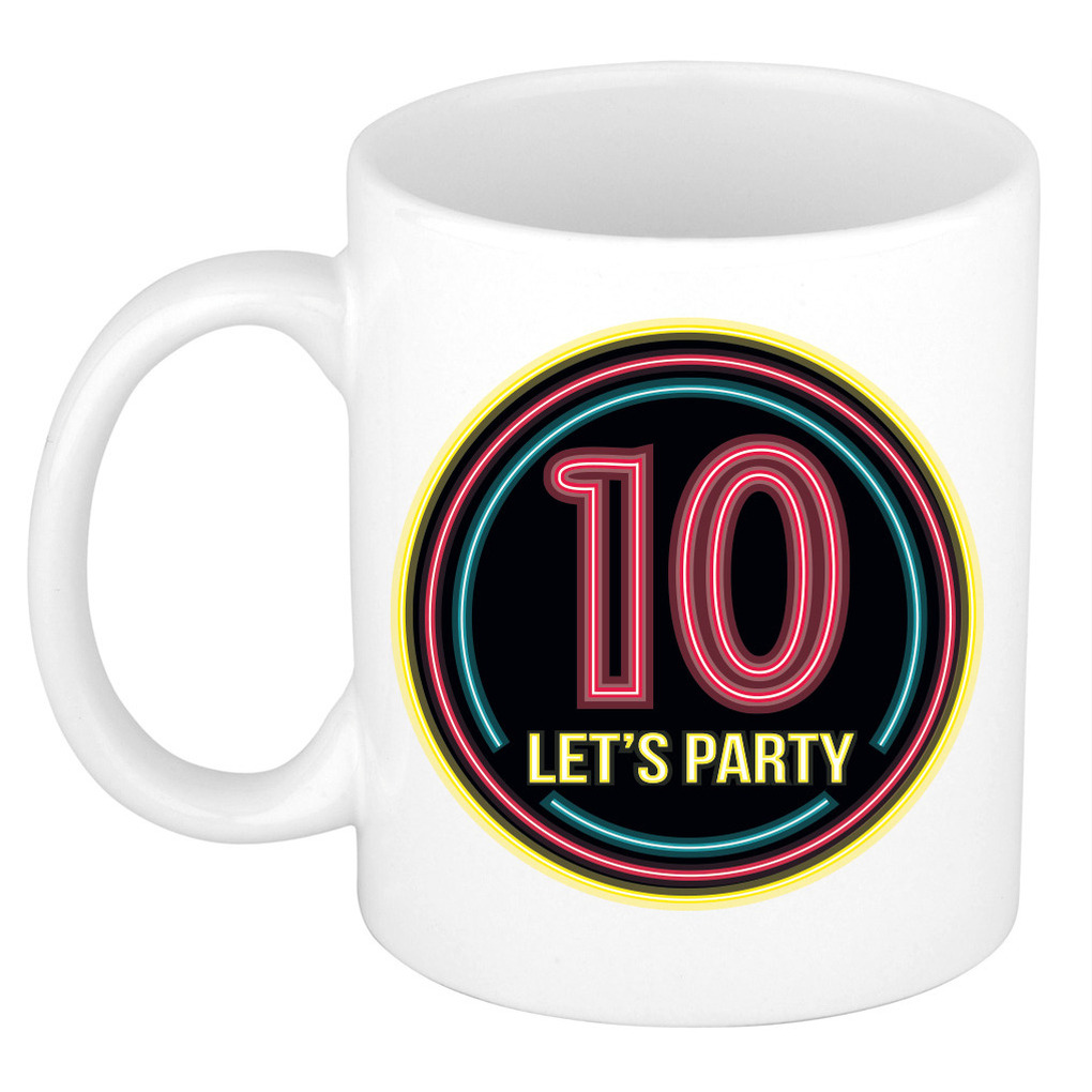 Verjaardag mok / beker - Lets party 10 jaar - neon - 300 ml - verjaardagscadeau -