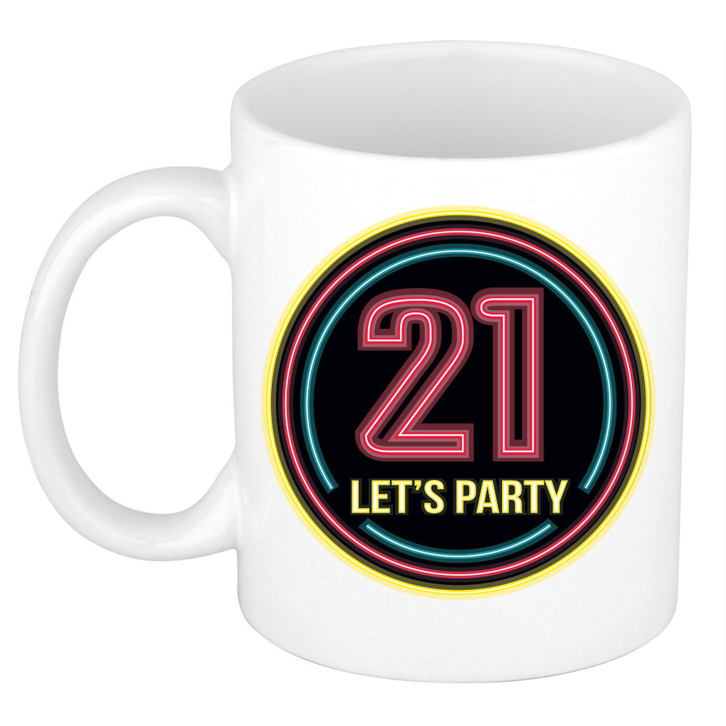 Verjaardag mok / beker - Lets party 21 jaar - neon - 300 ml - verjaardagscadeau -