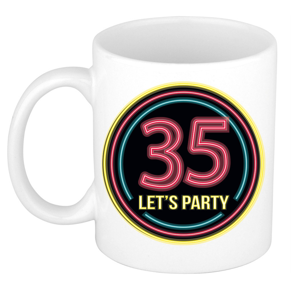 Verjaardag mok / beker - Lets party 35 jaar - neon - 300 ml - verjaardagscadeau -
