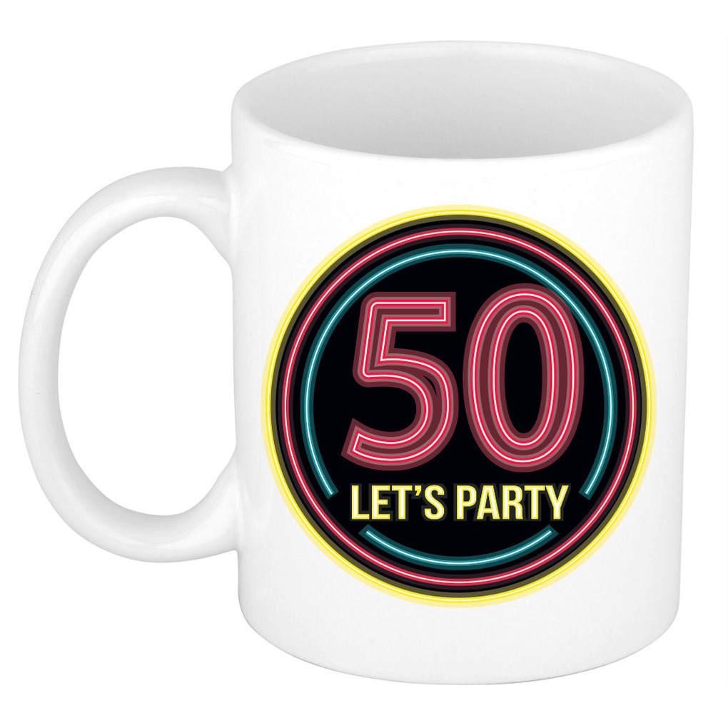 Verjaardag mok / beker - Lets party 50 jaar - neon - 300 ml - verjaardagscadeau -