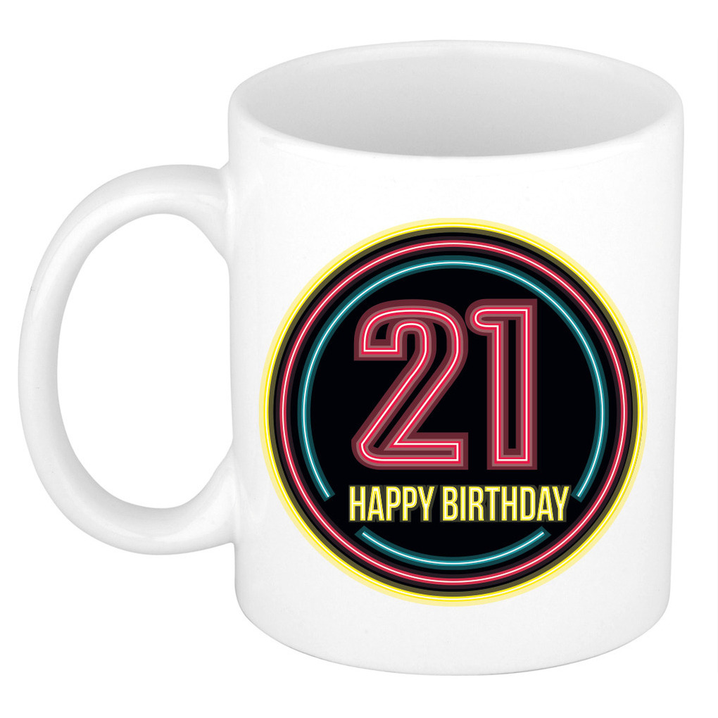 Verjaardag mok / beker - happy birthday 21 jaar - neon - 300 ml - verjaardagscadeau -