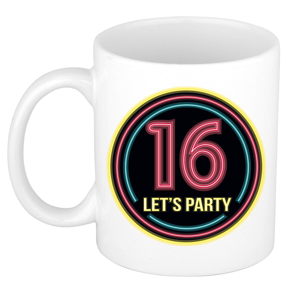 Verjaardag mok / beker - Lets party 16 jaar - neon - 300 ml - verjaardagscadeau -