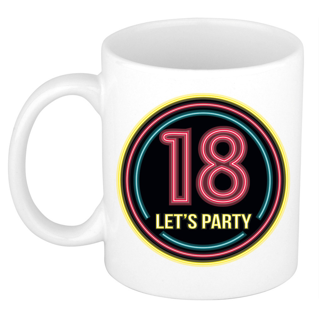 Verjaardag mok / beker - Lets party 18 jaar - neon - 300 ml - verjaardagscadeau -