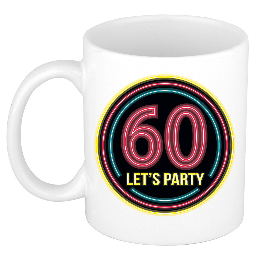 Verjaardag mok / beker - Lets party 60 jaar - neon - 300 ml - verjaardagscadeau -