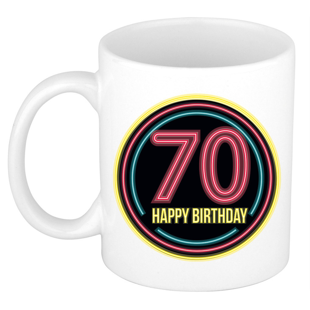 Verjaardag mok / beker - happy birthday 70 jaar - neon - 300 ml - verjaardagscadeau -
