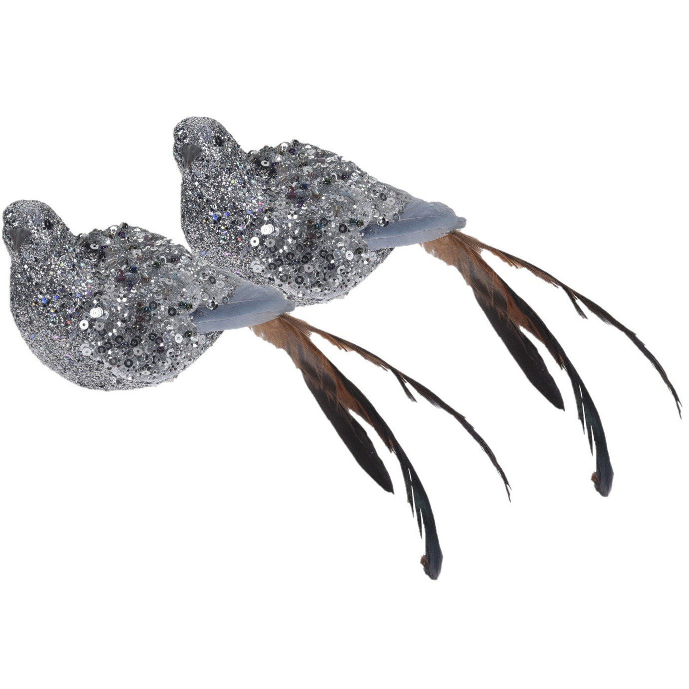 Kerst vogeltjes op clip - 2x st - zilver - 25 cm - kerstboomversiering -