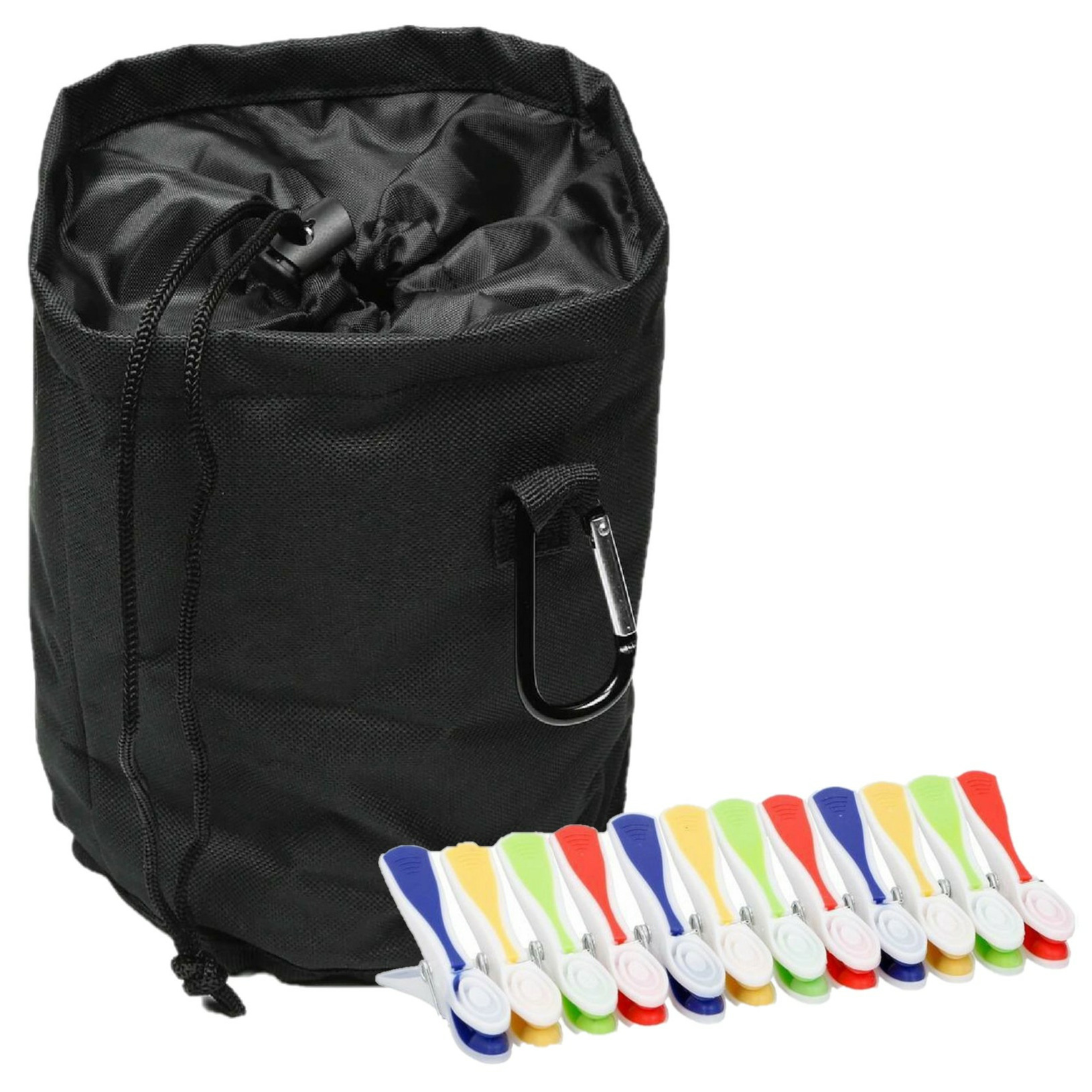 Wasknijpers mandje/zakje - met karabijnhaak - incl. 48 wasknijpers - D16 x H 18 cm -