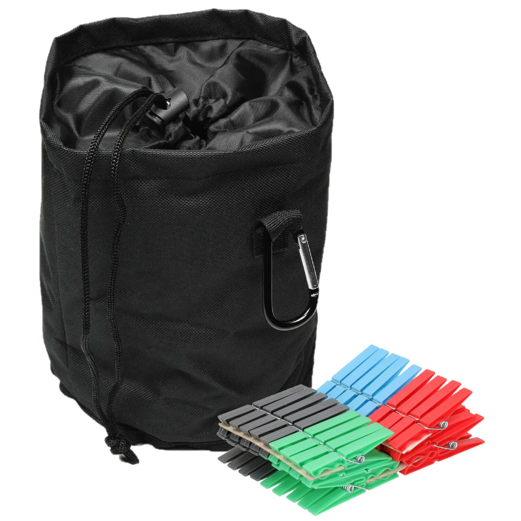 Wasknijpers mandje/zakje - met karabijnhaak - incl. 36 wasknijpers - D16 x H 18 cm -