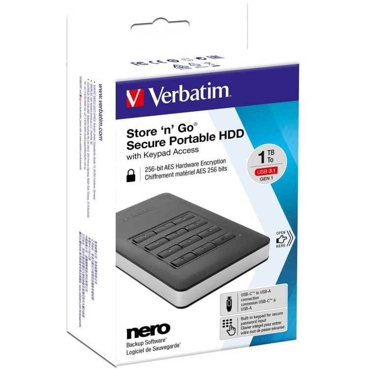 Verbatim Store 'n' Go met toetsbediening, 1 TB harde schijf USB 3.1 Gen 1 / USB C