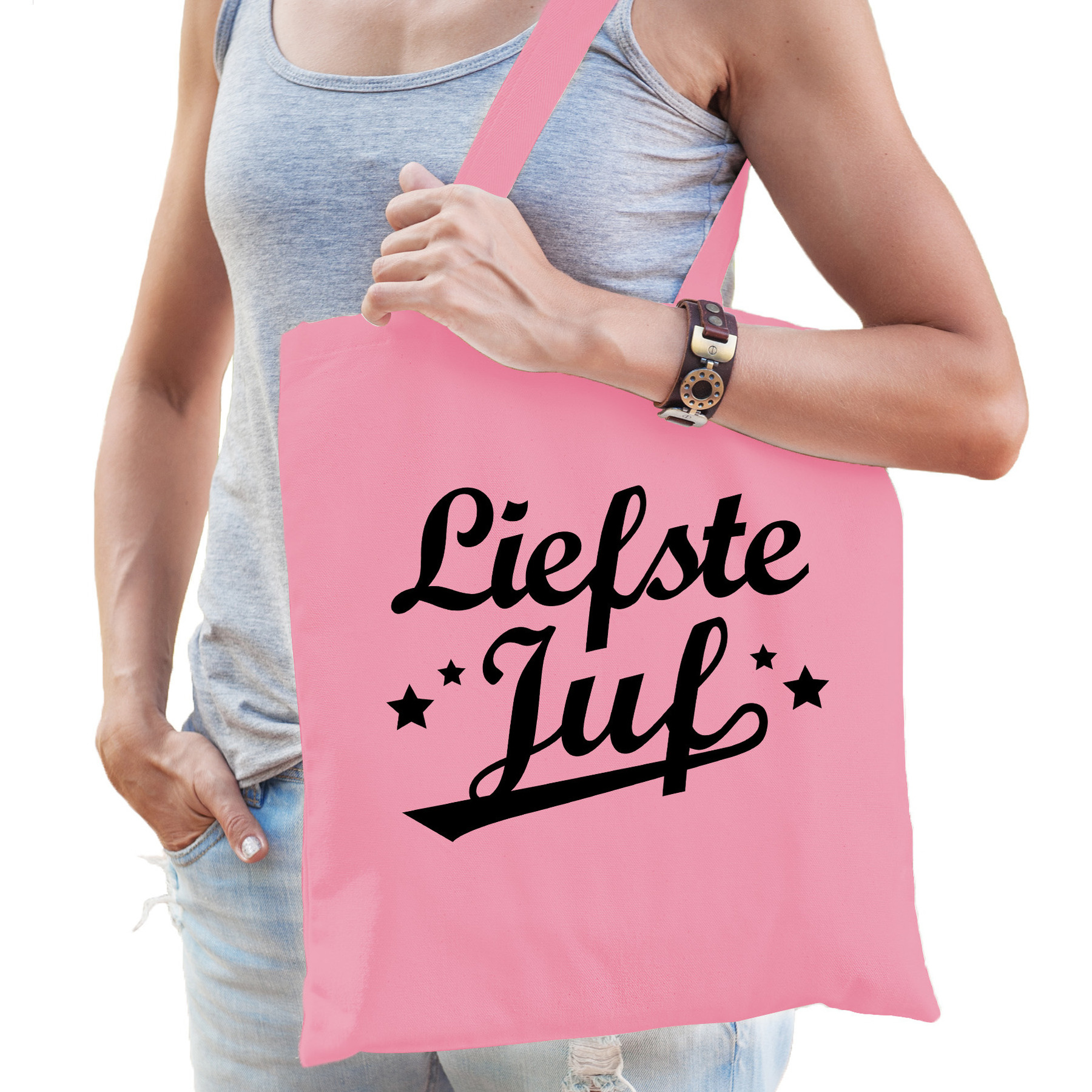 Cadeau tas voor juf - liefste juf - roze - katoen - 42 x 38 cm - juffendag -