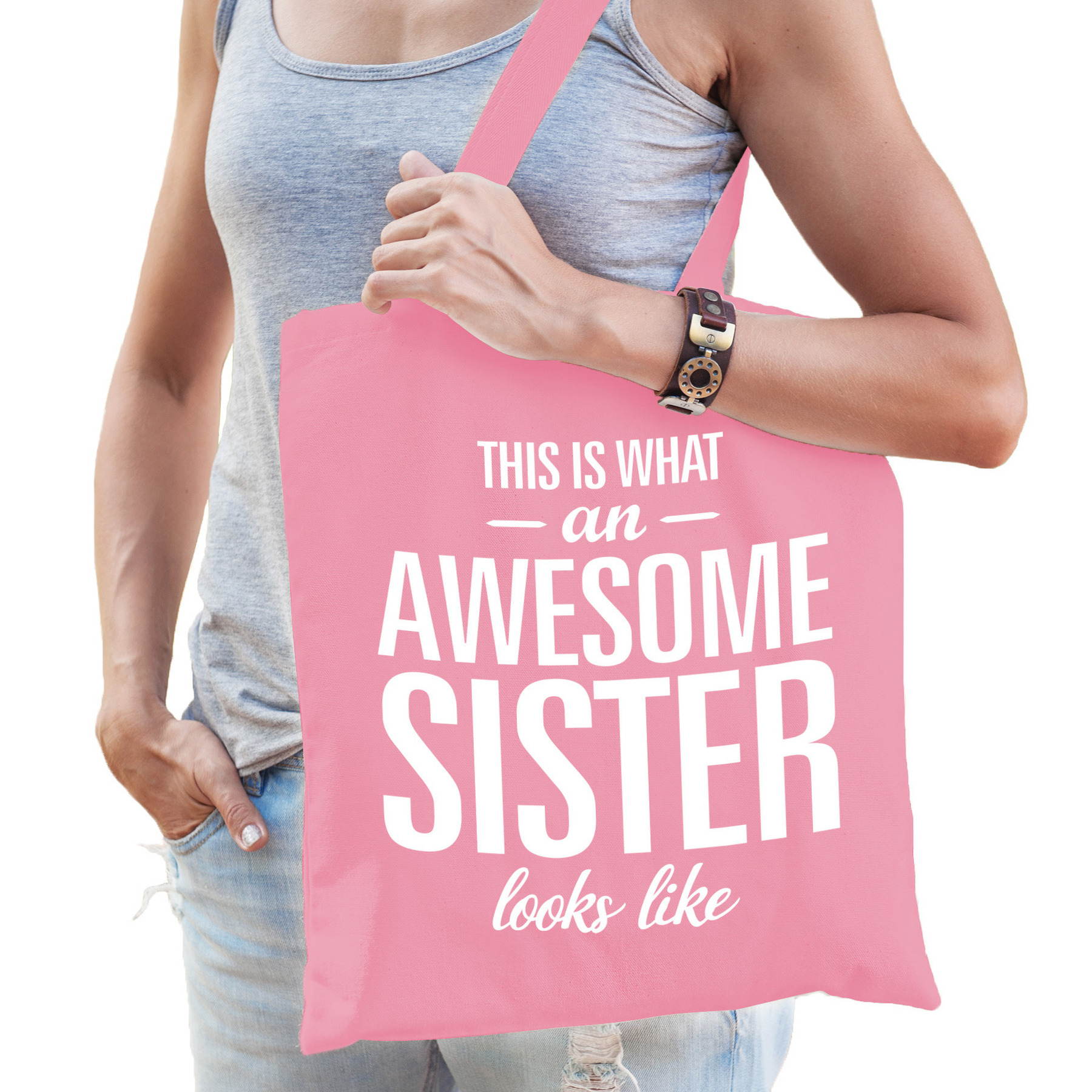 Cadeau tas voor zus - awesome sister - roze - katoen - 42 x 38 cm -