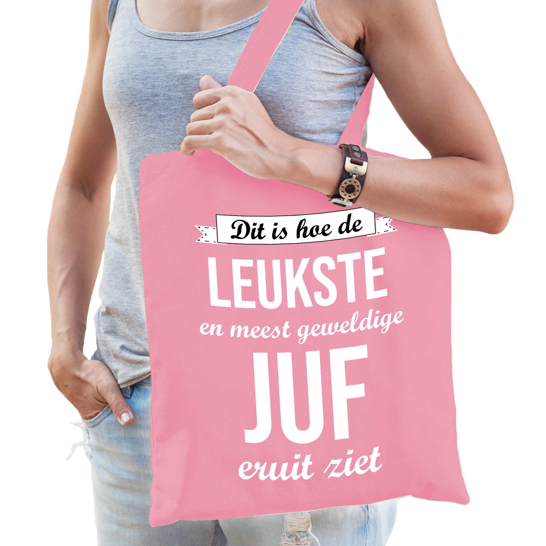 Cadeau tas voor juf - leukste juf - roze - katoen - 42 x 38 cm - juffendag -