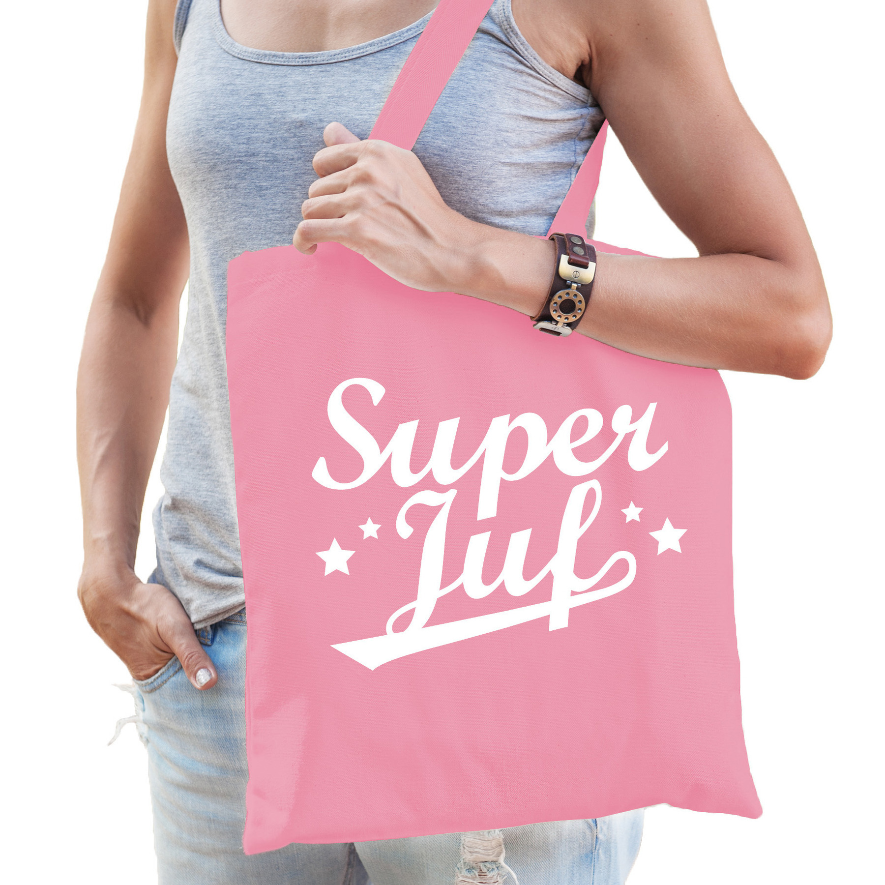 Cadeau tas voor juf - super juf - roze - katoen - 42 x 38 cm - juffendag -