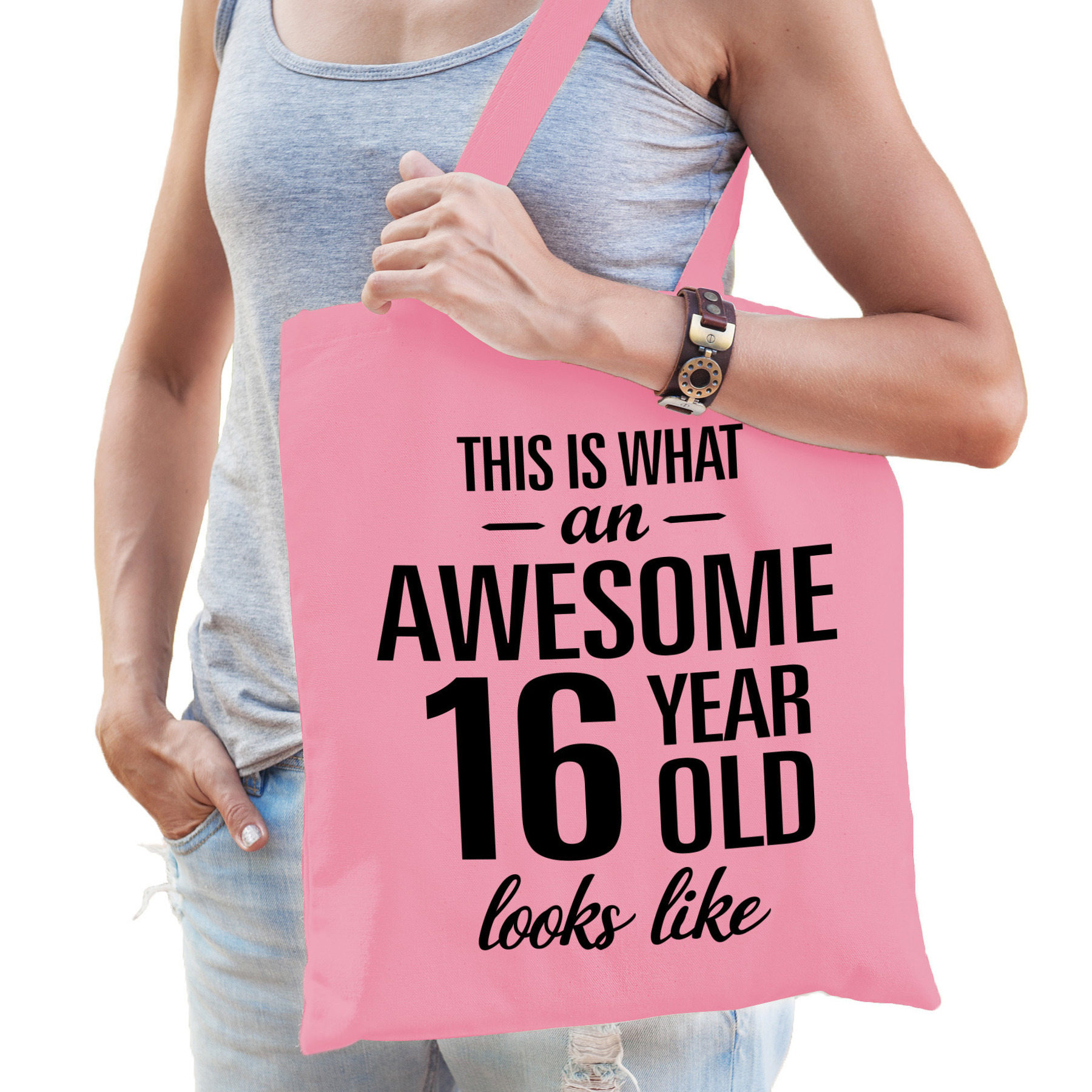 Cadeau tas 16 jaar - verjaardag - roze - katoen - 42 x 38 cm -