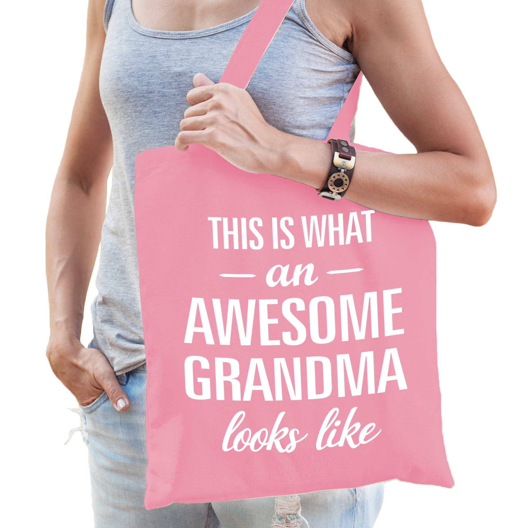 Cadeau tas voor oma - awesome grandma - roze - katoen - 42 x 38 cm -