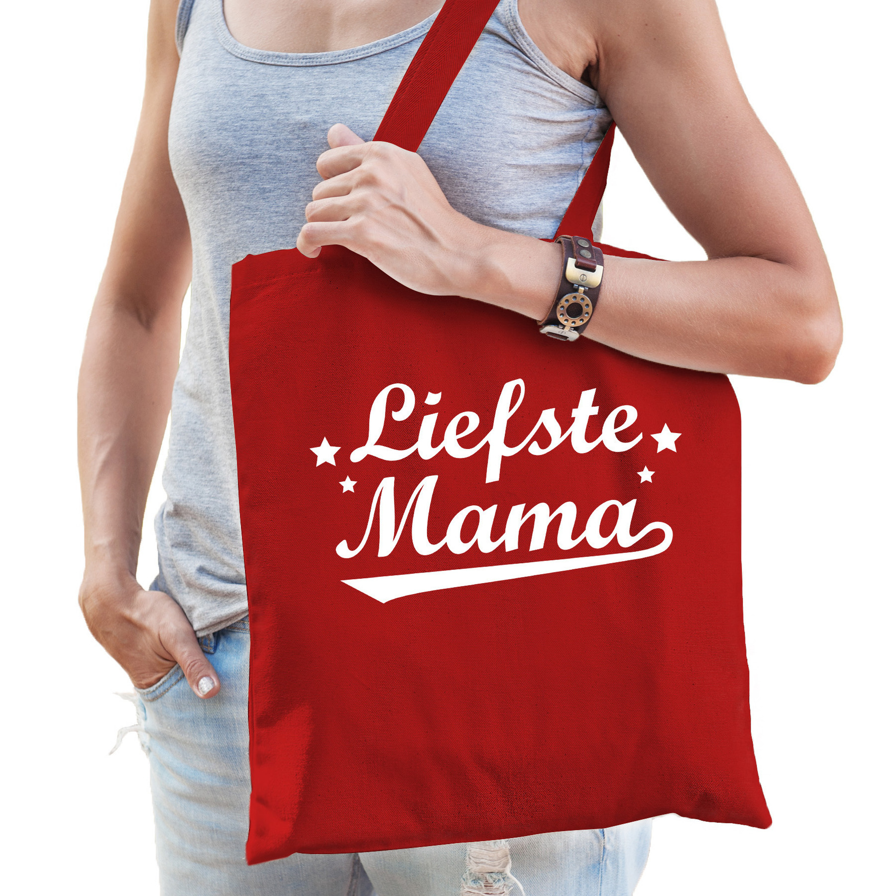 Moederdag cadeau tas - liefste mama - rood - katoen - 42 x 38 cm -