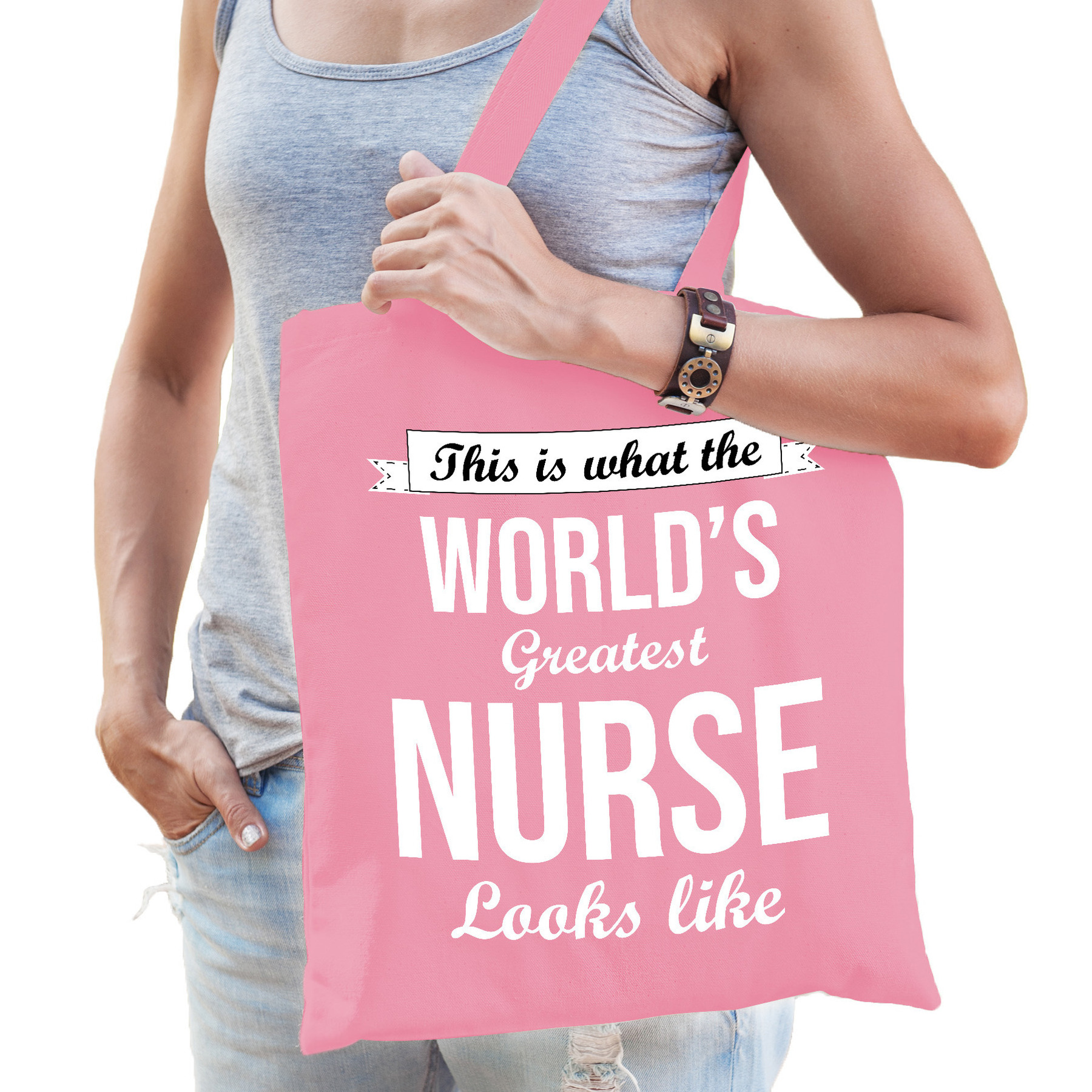 Cadeau tas voor verpleegkundige - roze - katoen - 42 x 38 cm - world's greatest nurse -