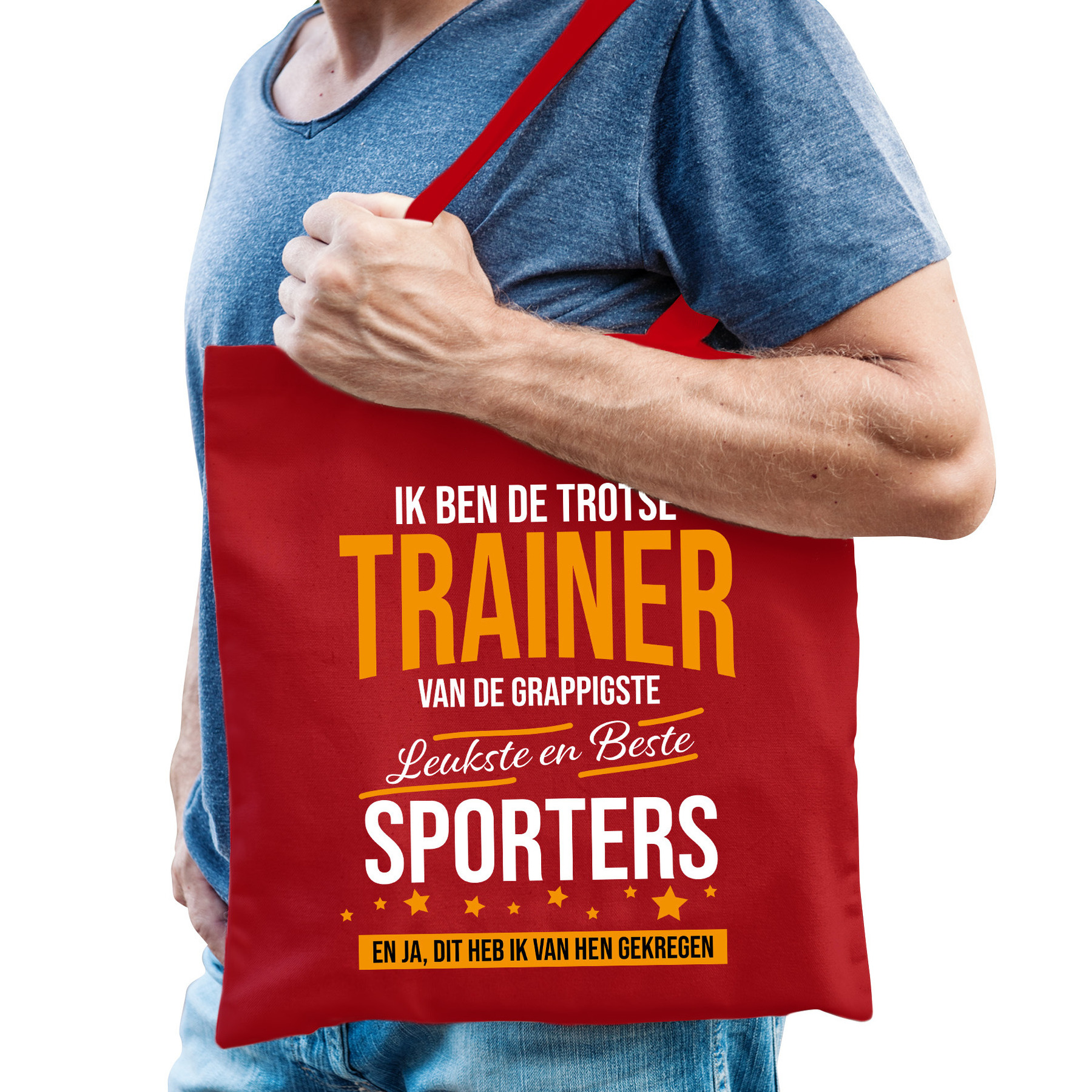 Cadeau tas voor trainer/coach - rood - katoen - 42 x 38 cm - fun tekst -