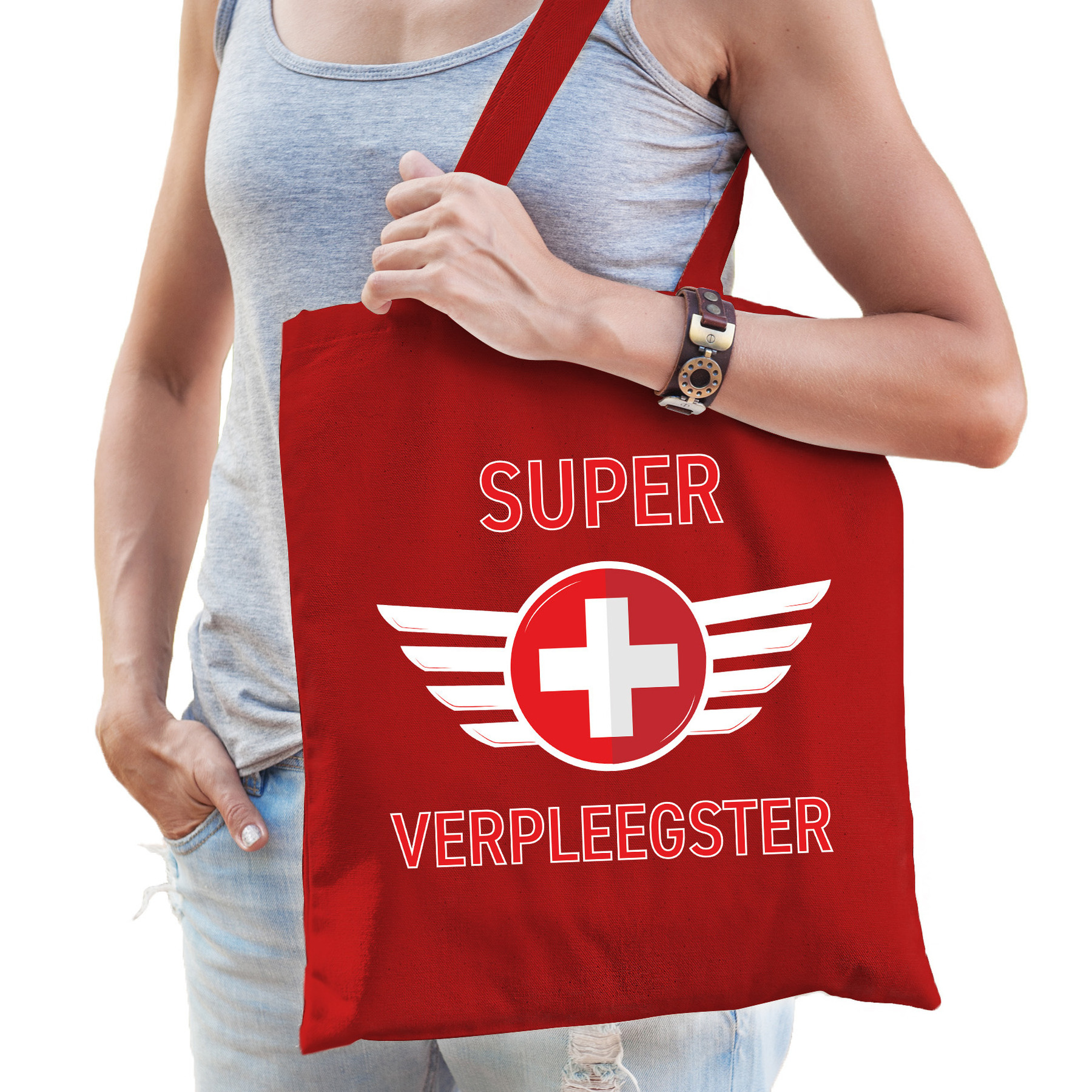 Cadeau tas voor verpleegkundige - rood - katoen - 42 x 38 cm - kruis -