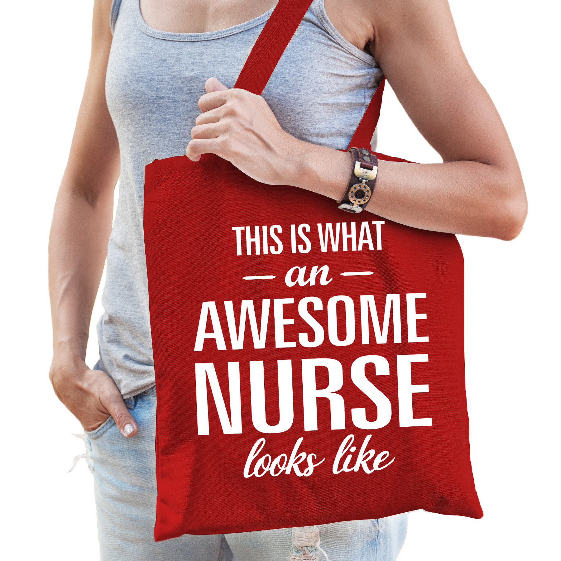 Cadeau tas voor verpleegkundige - rood - katoen - 42 x 38 cm - awesome nurse -