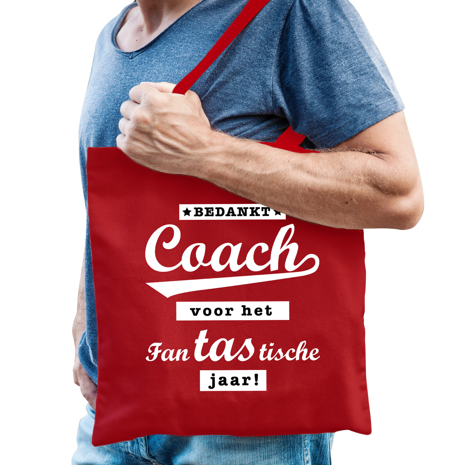Cadeau tas voor coach/trainer - bedankt - rood - katoen - 42 x 38 cm -