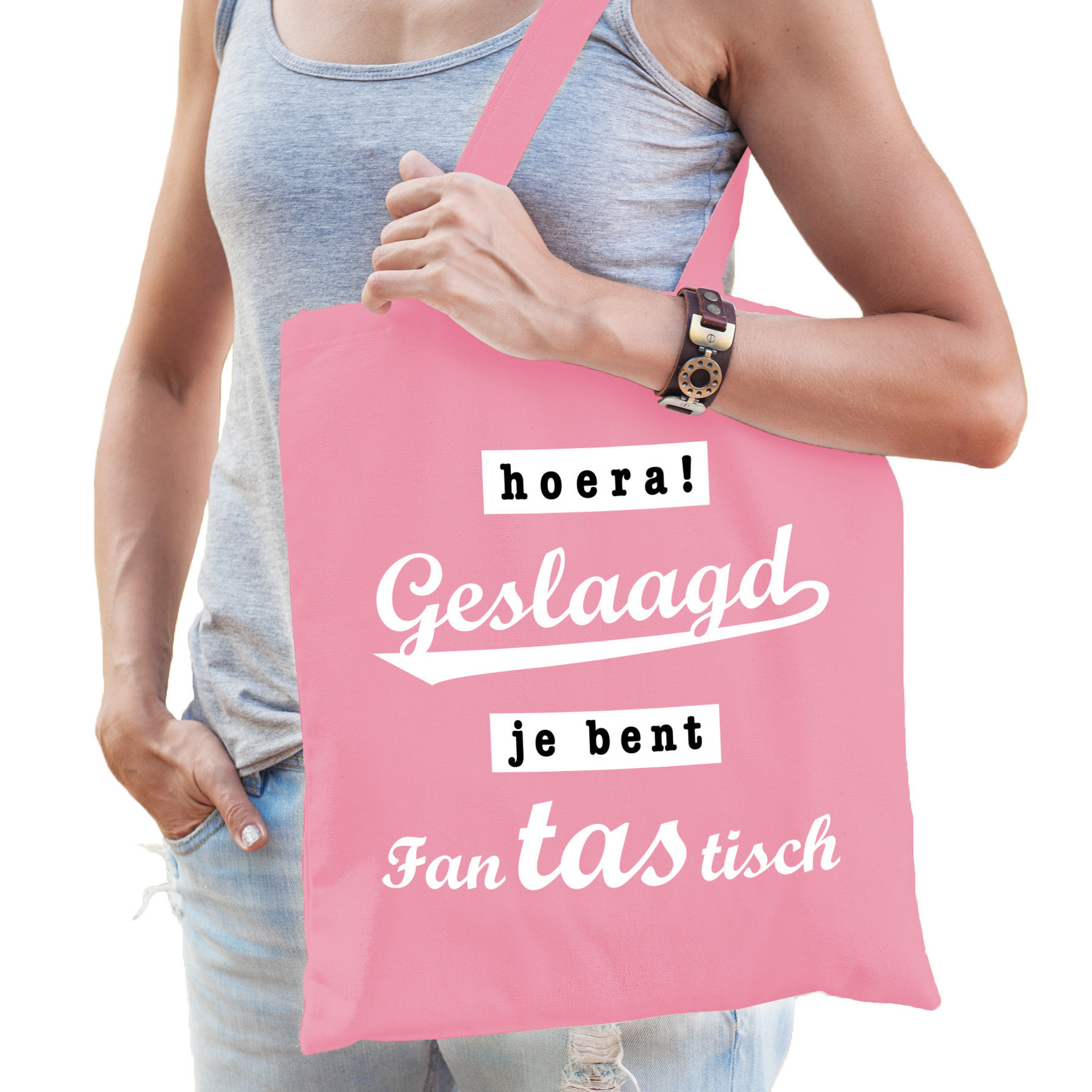 Cadeau tas geslaagd/afgestudeerd - roze - katoen - 42 x 38 cm -