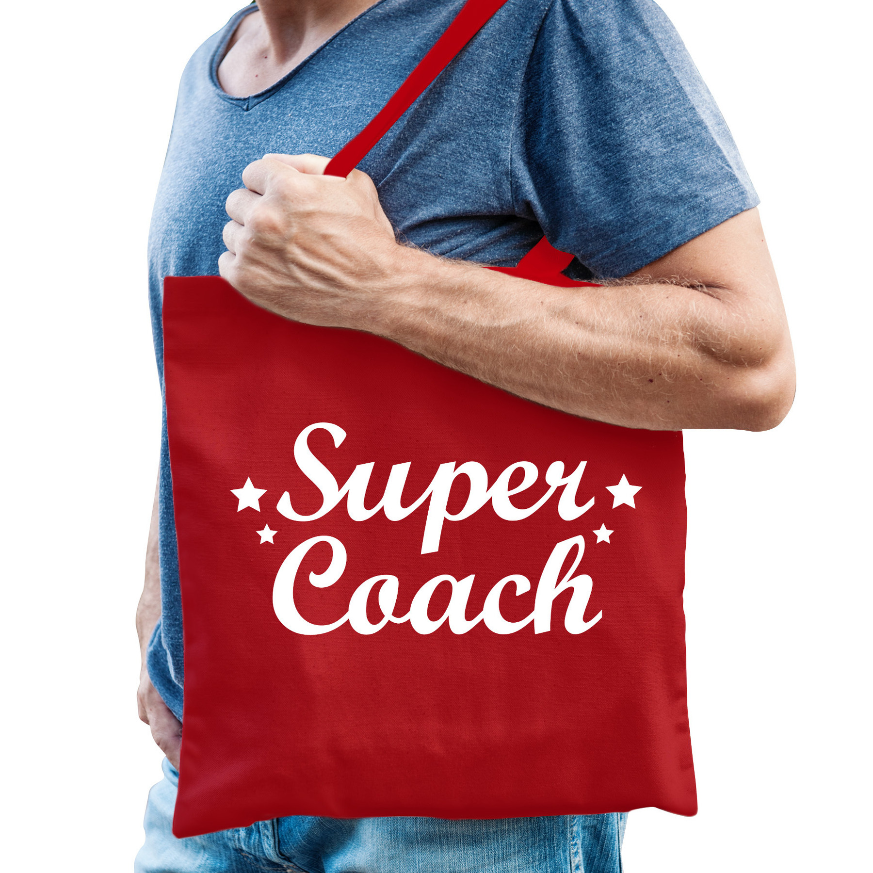 Cadeau tas voor coach/trainer - rood - katoen - 42 x 38 cm - super coach -