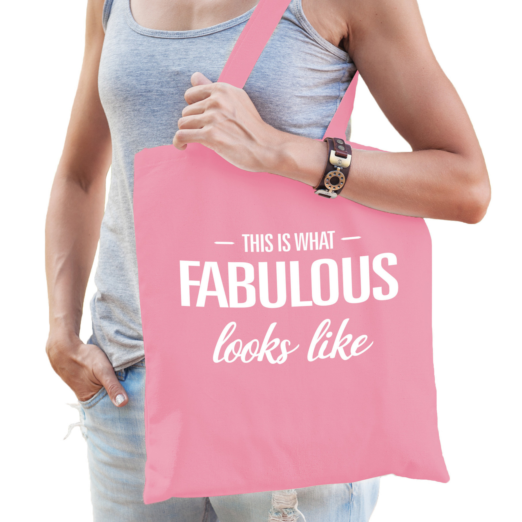 Verjaardagscadeau tas - fun tekst - fabulous - roze - katoen - 42 x 38 cm -