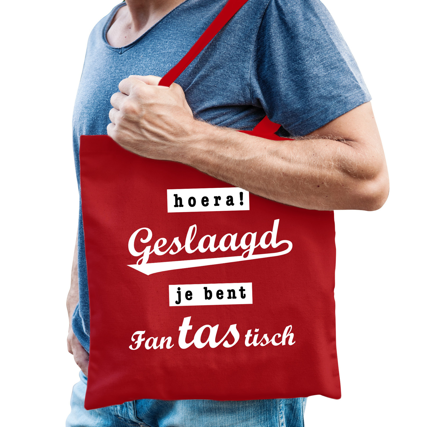 Cadeau tas geslaagd/afgestudeerd - rood - katoen - 42 x 38 cm -