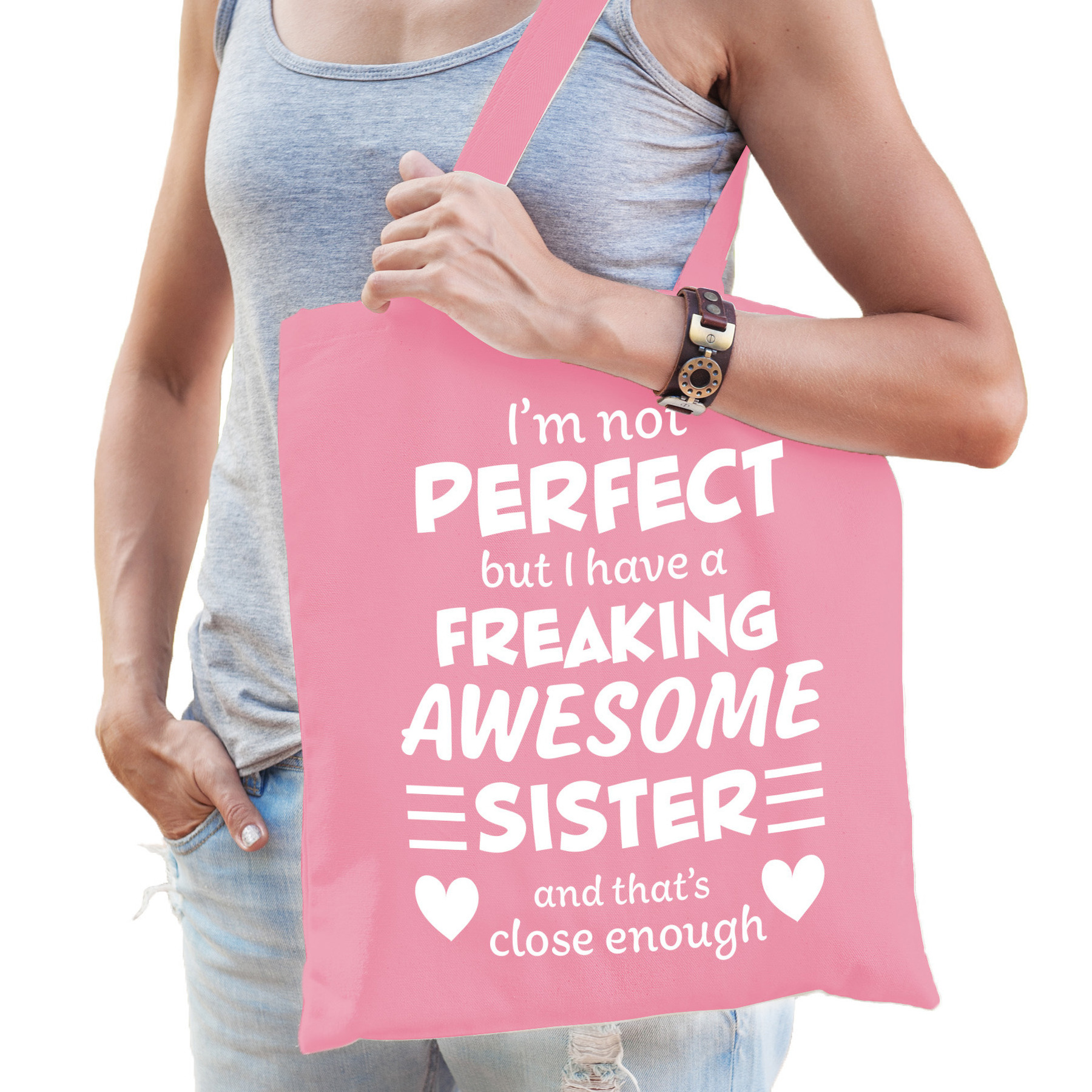 Cadeau tas voor zus - roze - katoen - 42 x 38 cm - awesome sister -