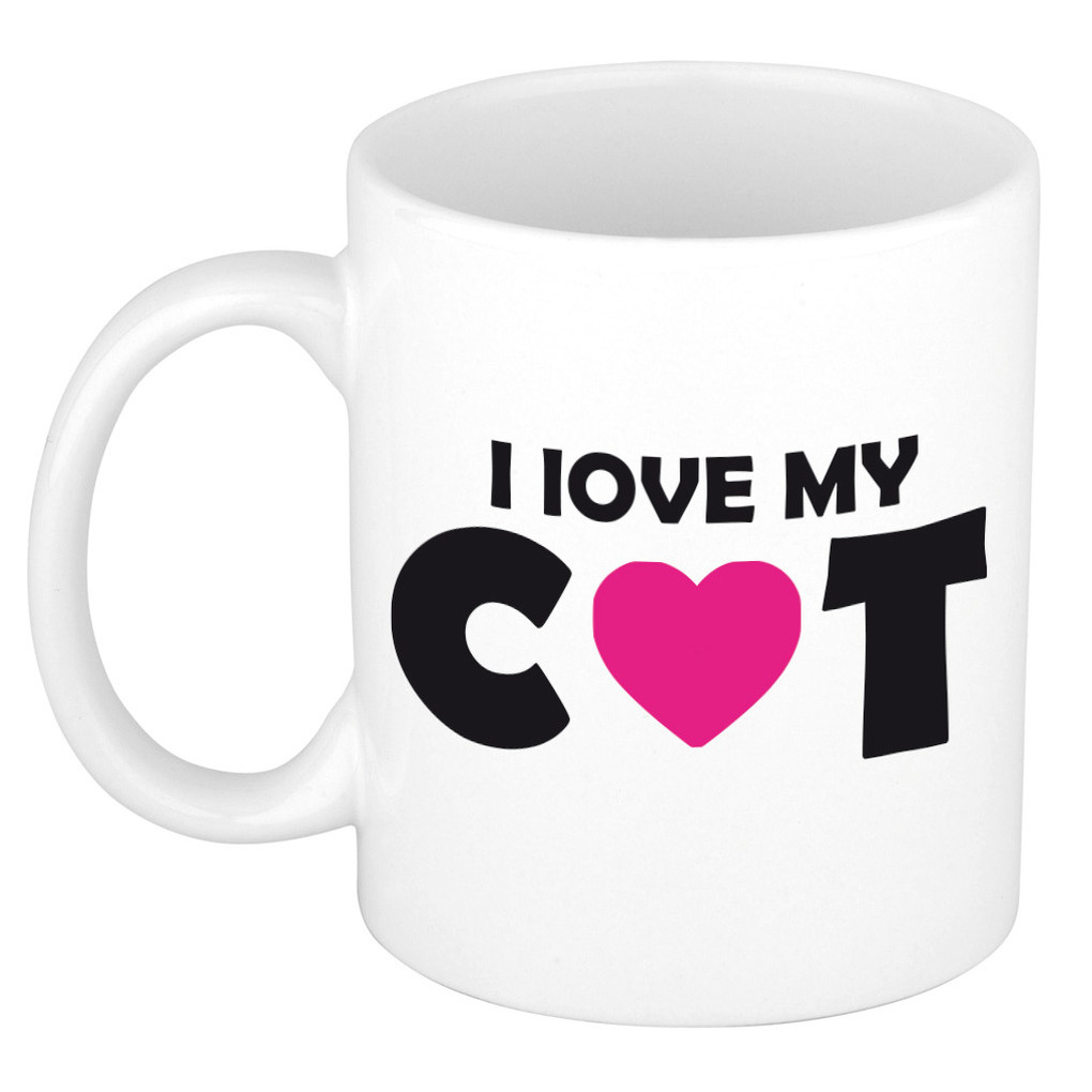 Cadeau mok/beker - I love my cat - wit - 300 ml - keramiek - katten mok -