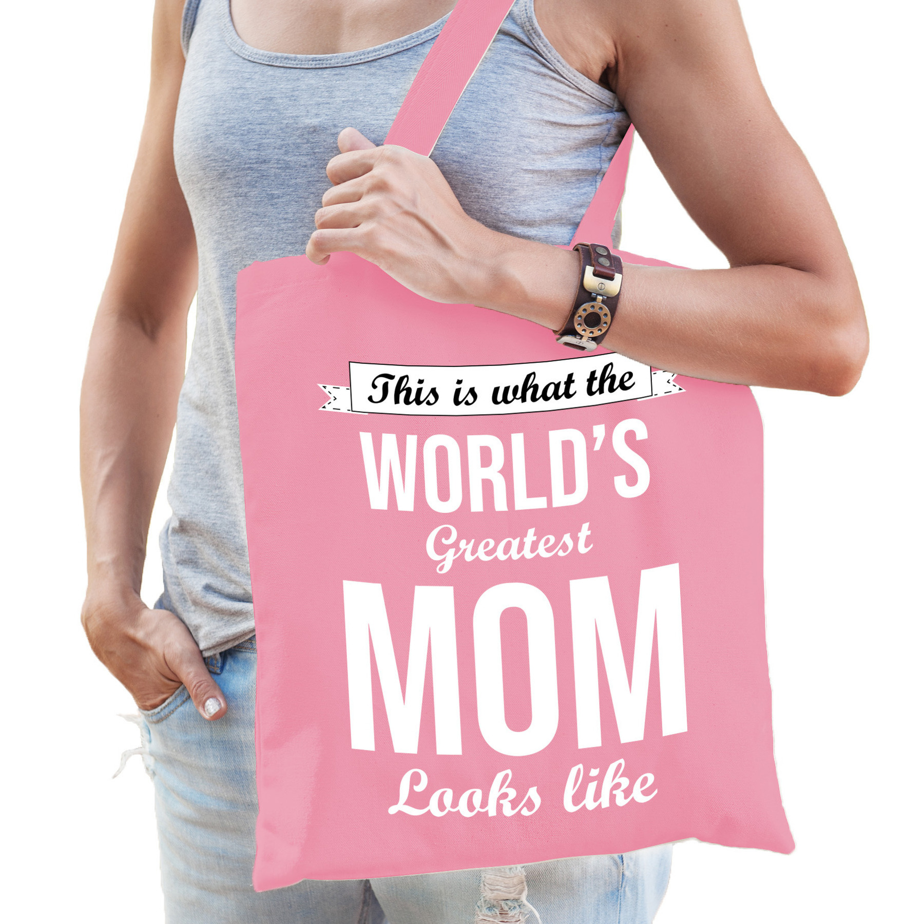 Moederdag cadeau tas - world's greatest mom - roze - katoen - 42 x 38 cm -
