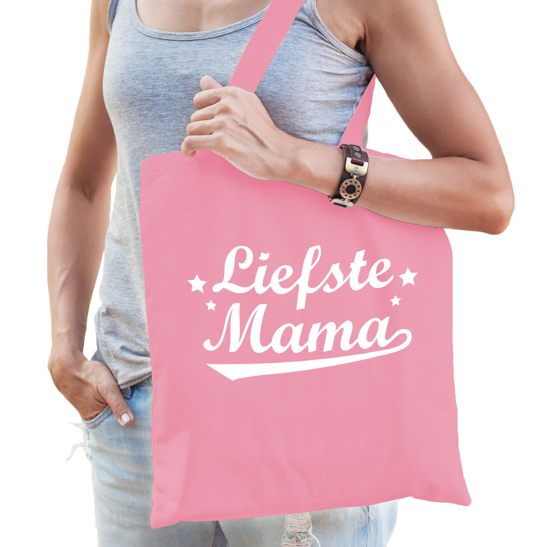 Moederdag cadeau tas - liefste mama - roze - katoen - 42 x 38 cm -