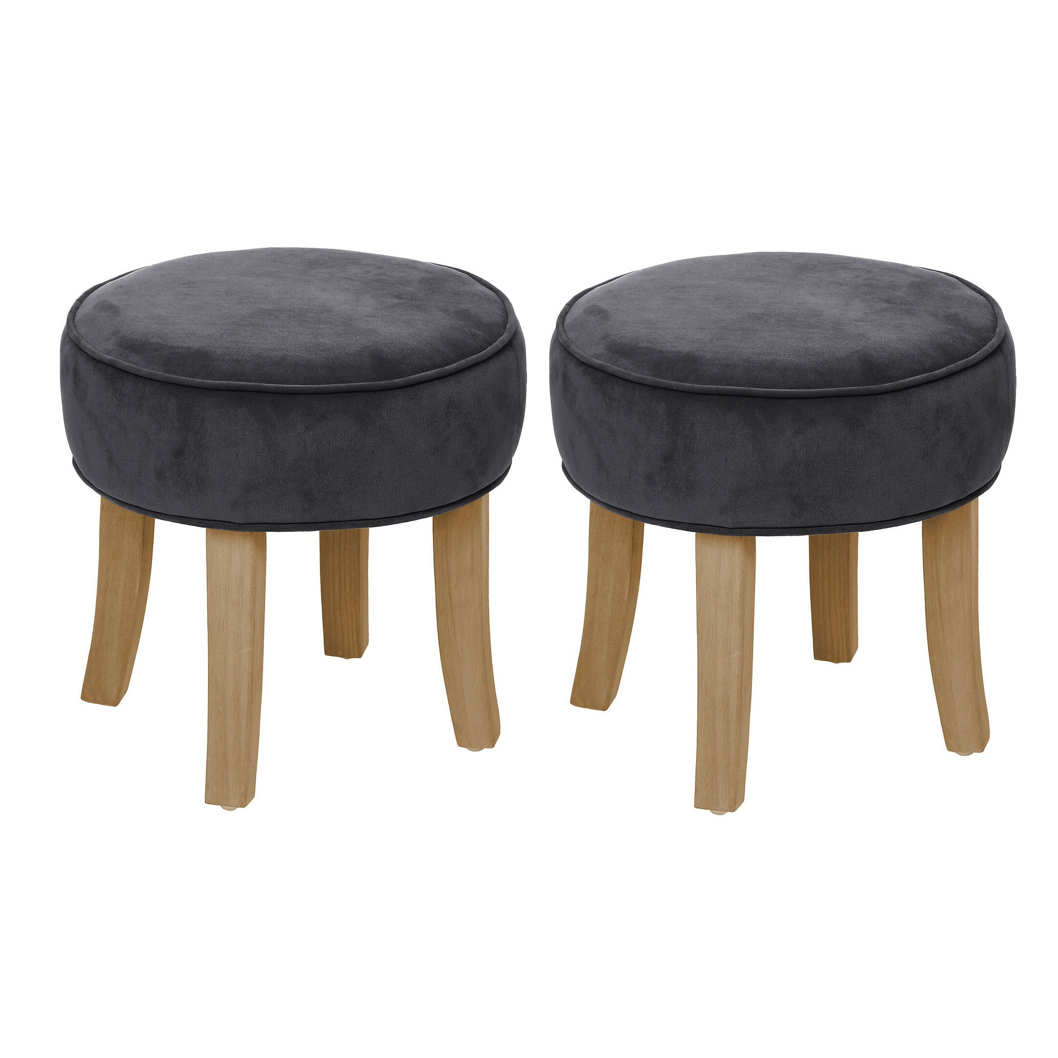 Zit krukje/bijzet stoel - 2x - hout/stof - grijs fluweel - D35 x H40 cm -
