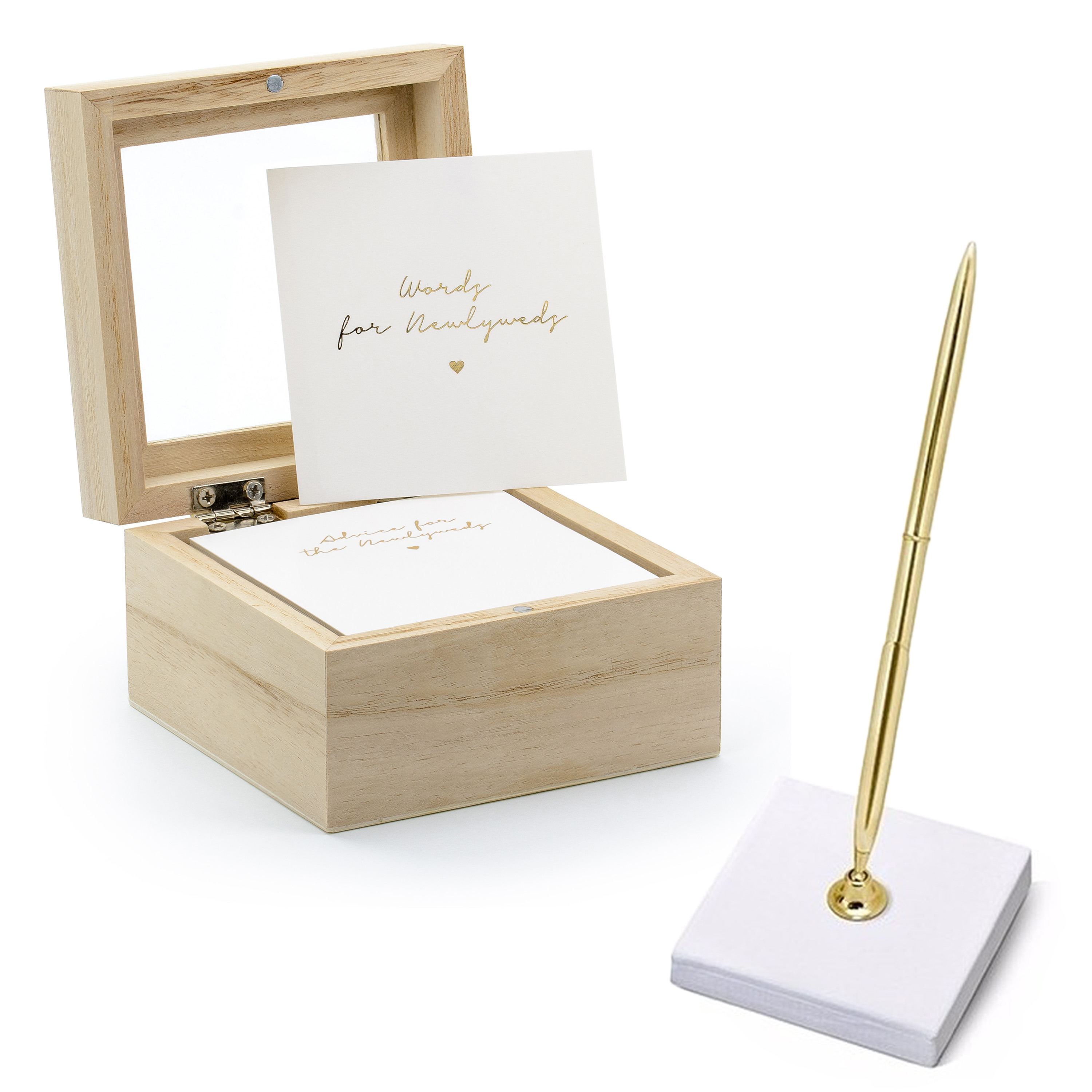 Gastenboek/huwelijksadvies box met luxe pen in houder - Bruiloft - wit/goud - 10 x 6 cm -