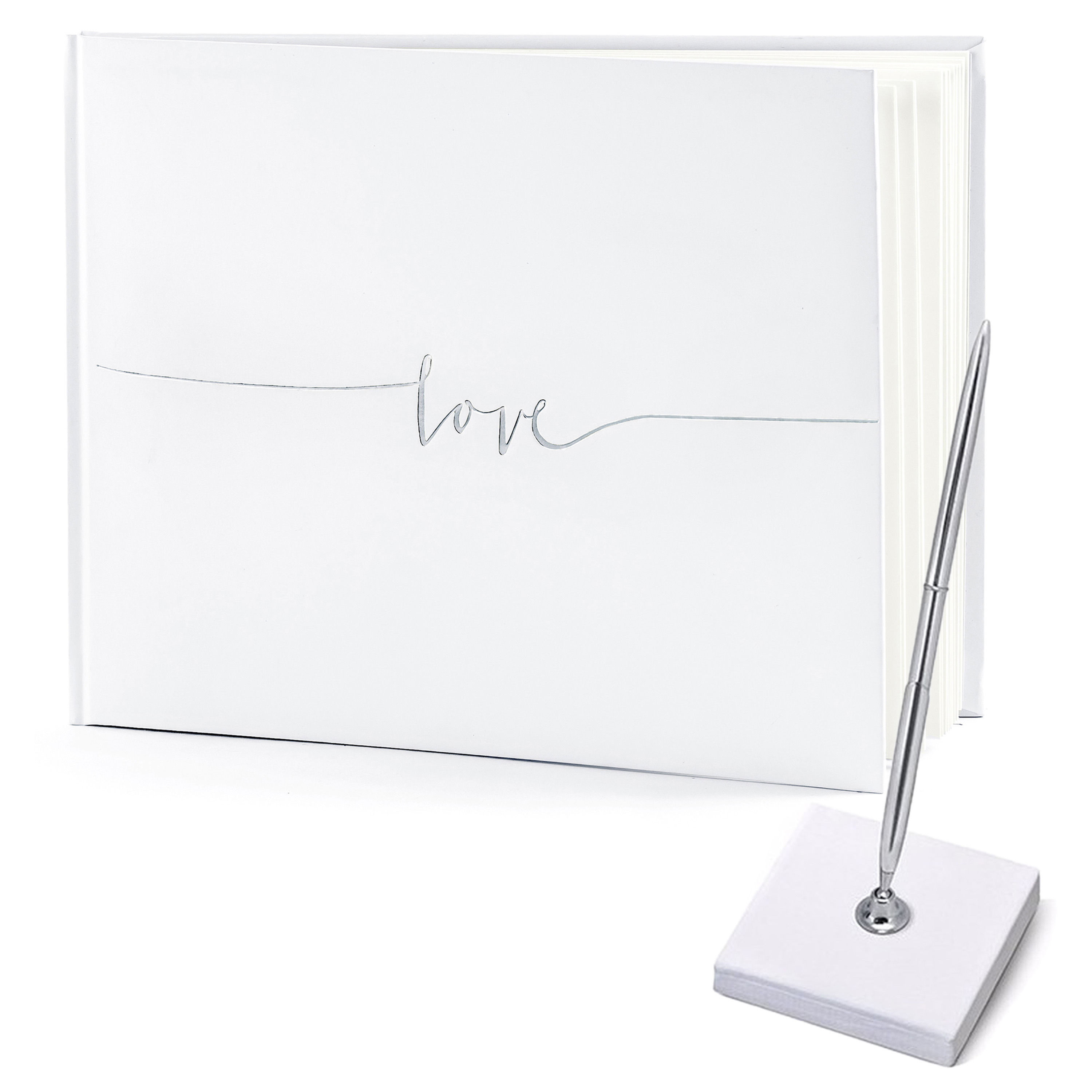 Gastenboek/receptieboek met luxe pen in houder - Bruiloft - wit/zilver - 24 x 18,5 cm -