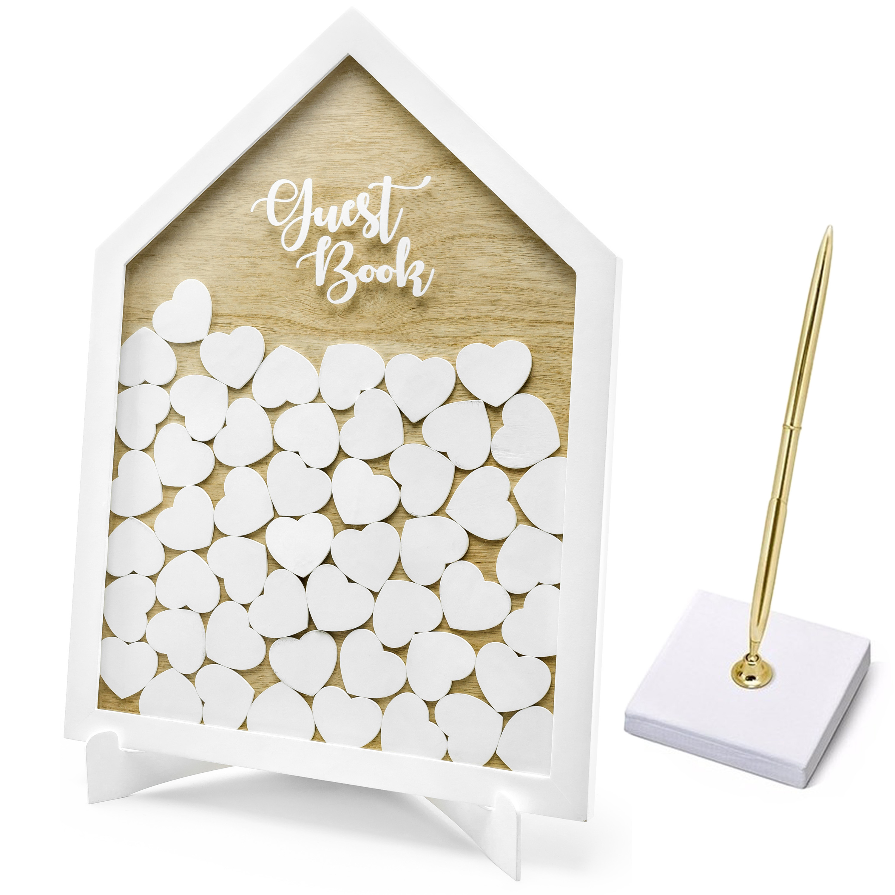 Gastenboek/receptieboek met luxe pen in houder - Bruiloft - wit/goud - hout - 43 x 31 cm -