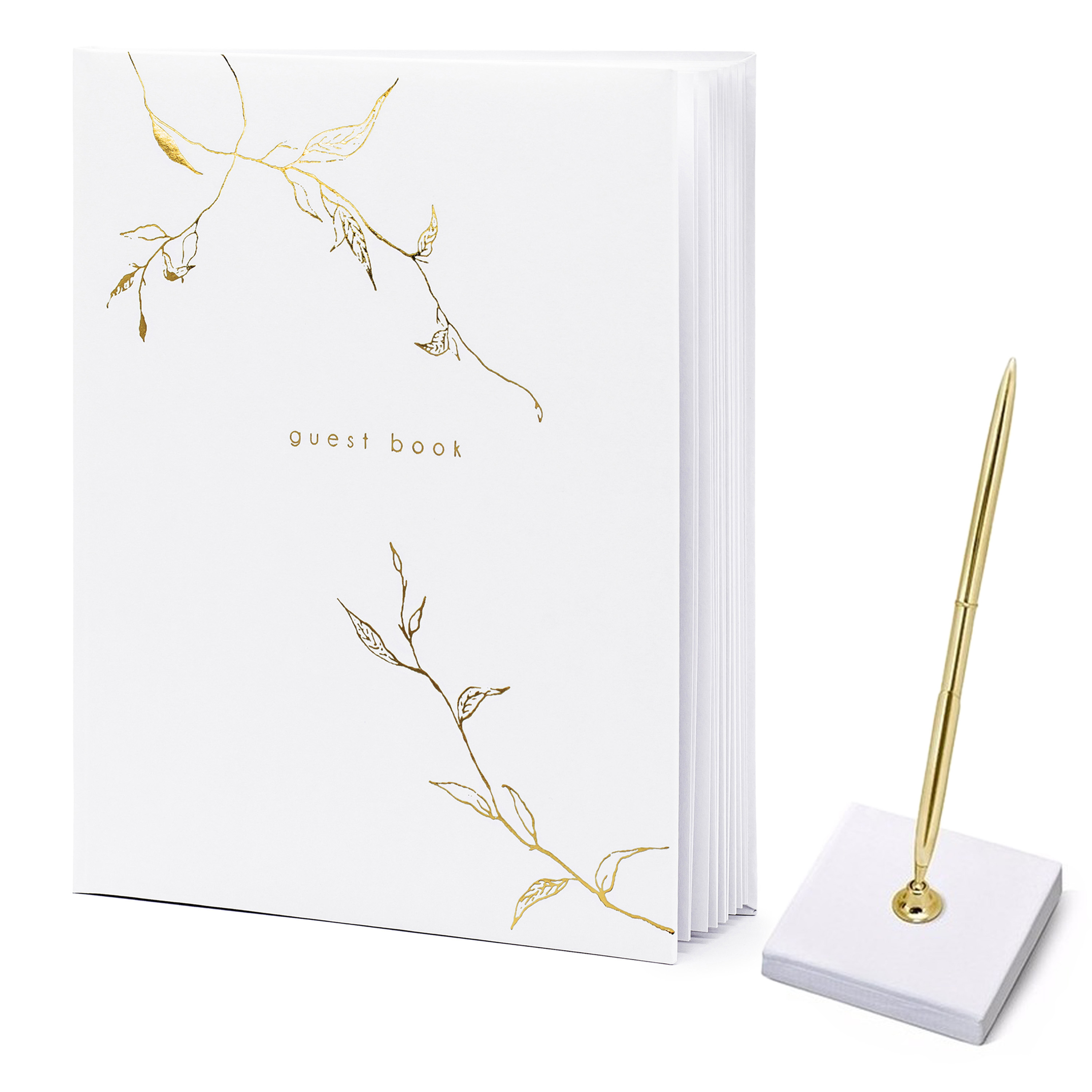 Gastenboek/receptieboek met luxe pen in houder - Bruiloft - wit/goud - 20 x 24,5 cm -