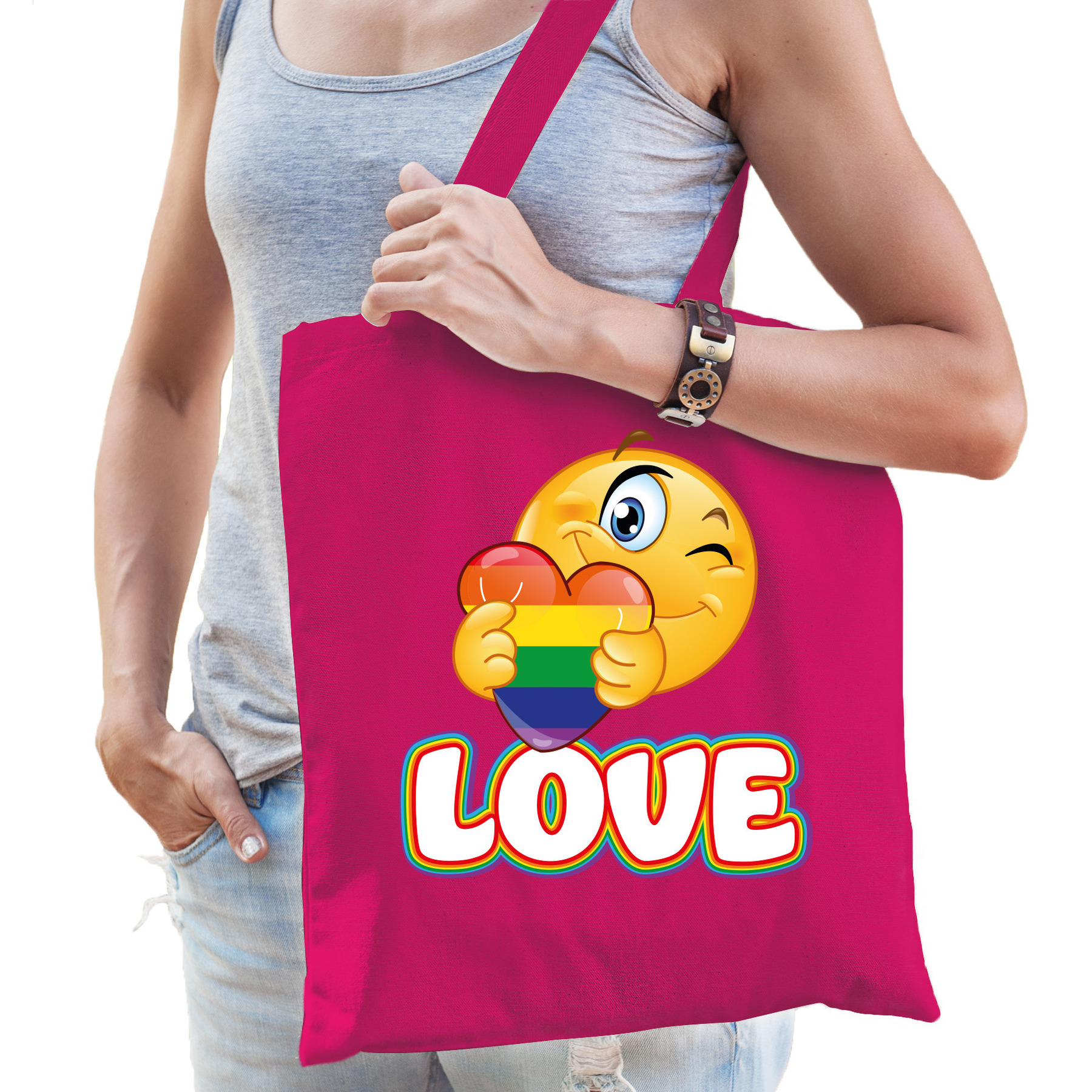 Gay Pride tas - katoen - 42 x 38 cm - fuchsia roze - LHBTI - love emoji -