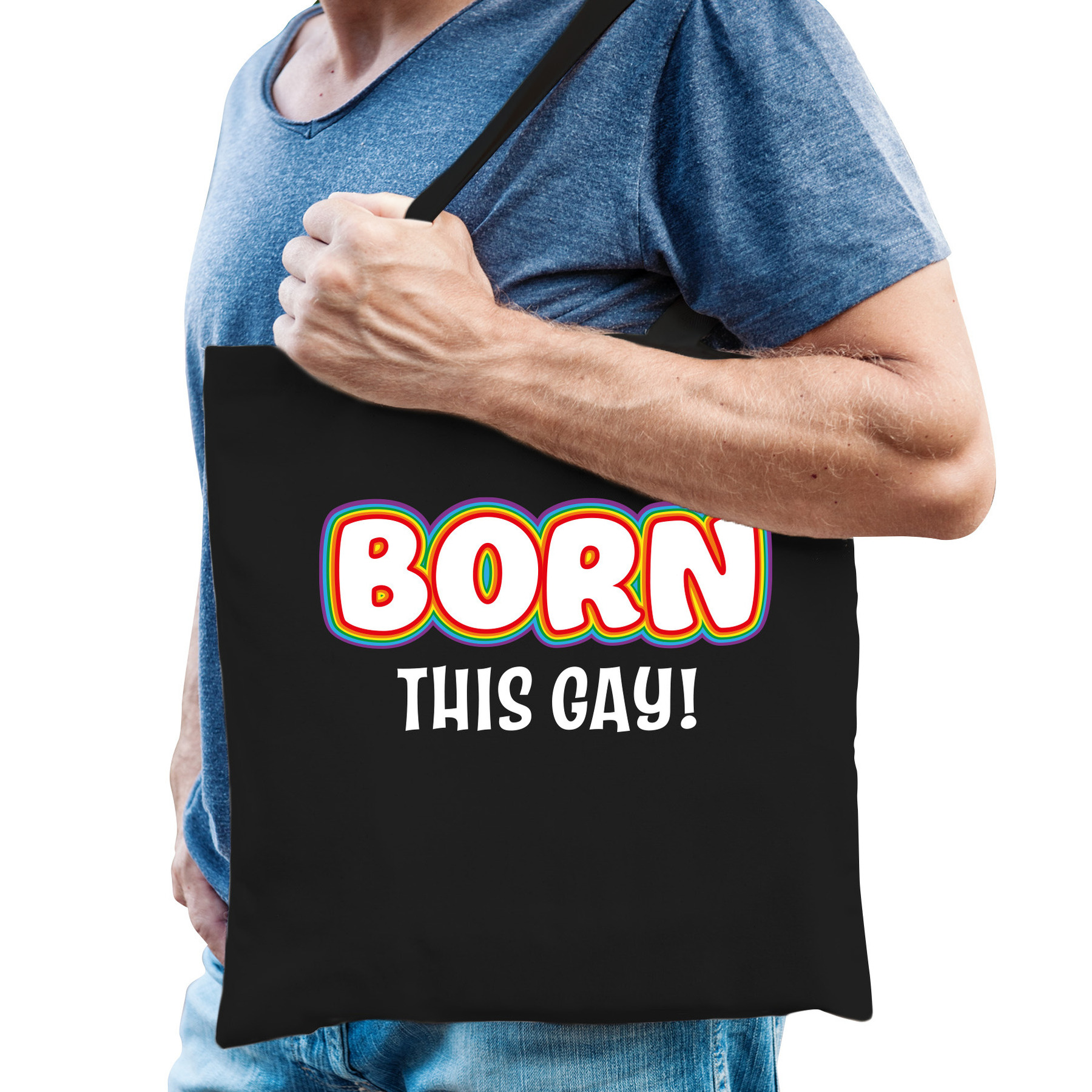Gay Pride tas - born this gay - katoen - 42 x 38 cm - zwart - LHBTI -