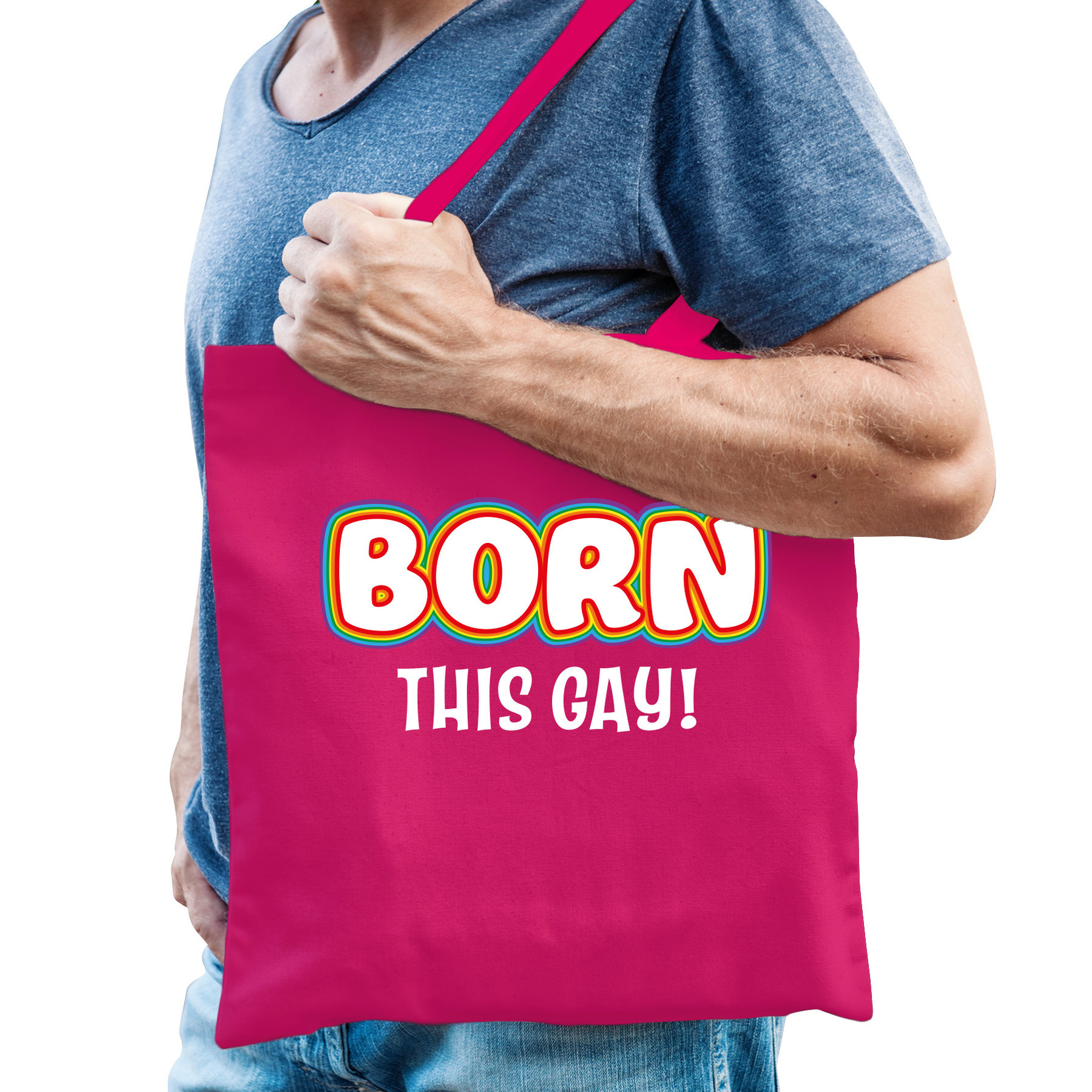 Gay Pride tas - born this gay - katoen - 42 x 38 cm - fuchsia roze - LHBTI -