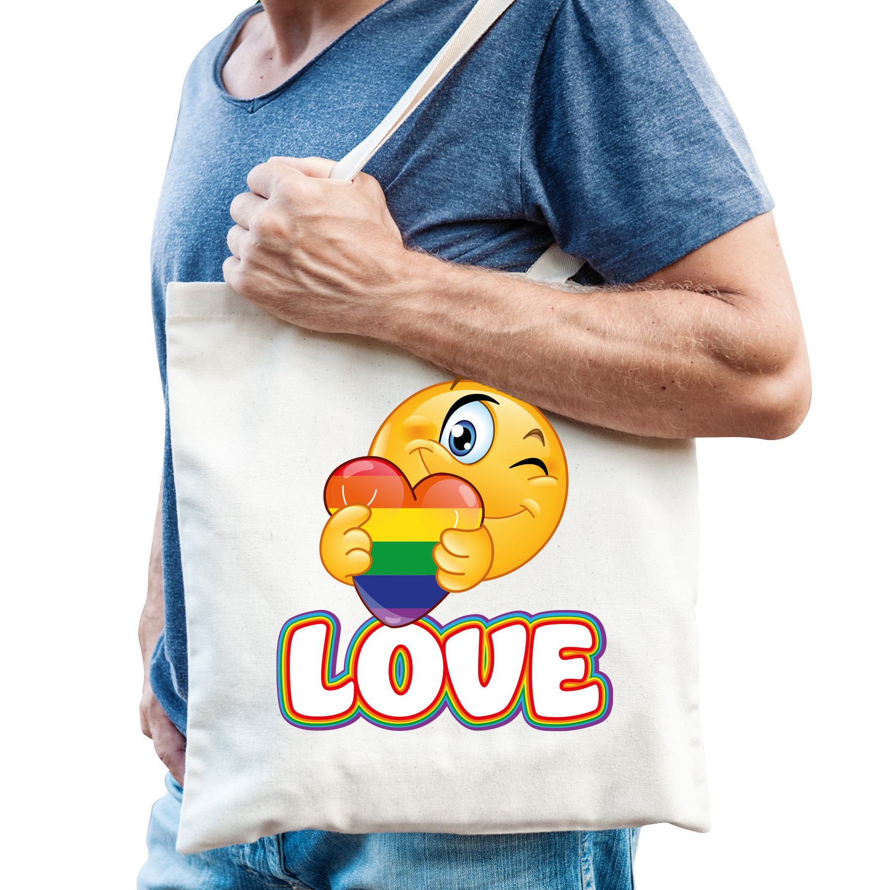Gay Pride tas - katoen - 42 x 38 cm - naturel - LHBTI - love emoji -