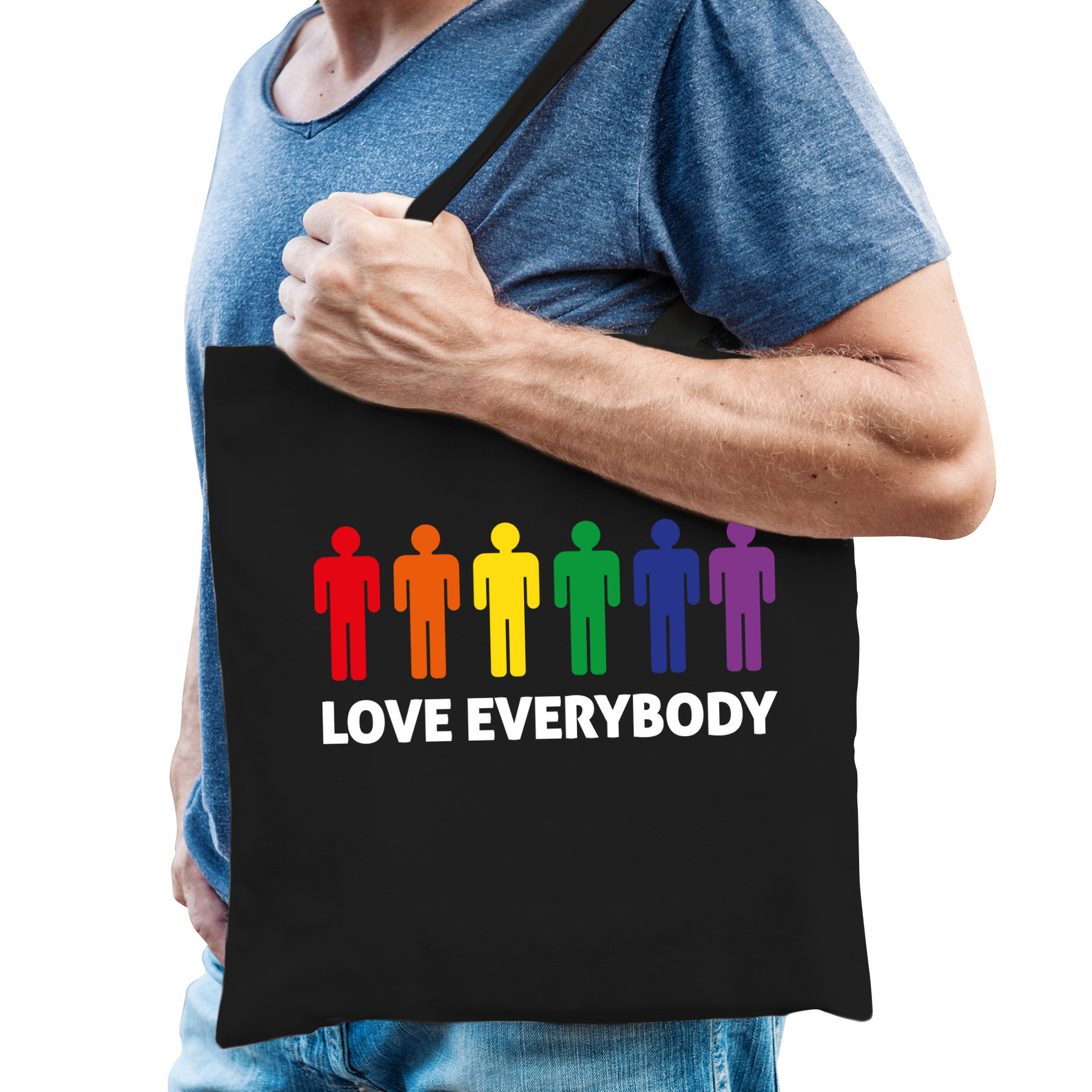 Gay Pride tas - katoen - 42 x 38 cm - zwart - love everybody - LHBTI -