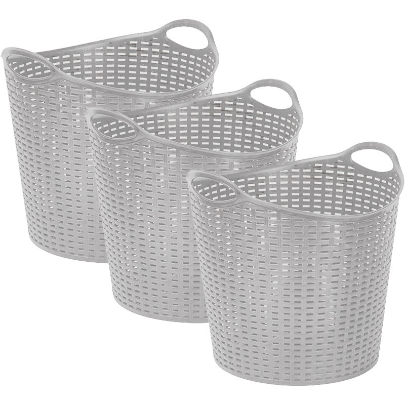 Gevlochten wasmand/opbergmand - 3x - flexibel - zilver - 27 liter - rond - kunststof -