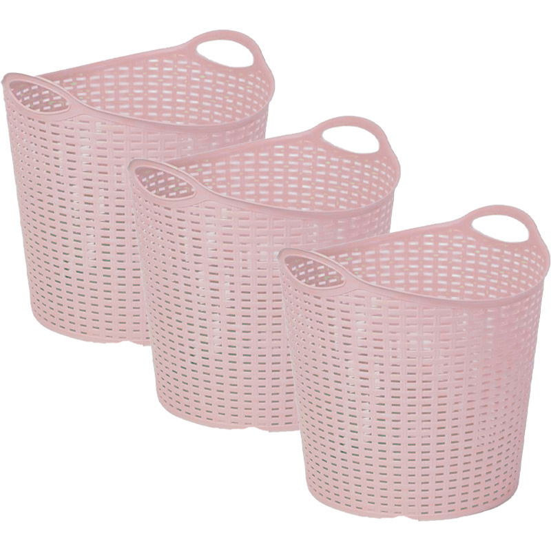 Gevlochten wasmand/opbergmand - 3x - flexibel - roze - 27 liter - rond - kunststof -