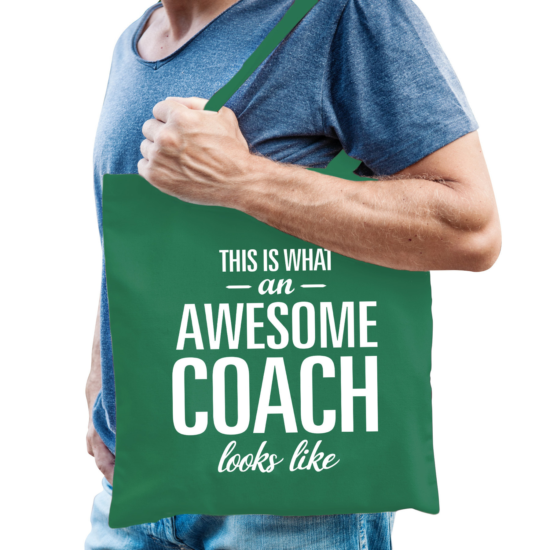 Cadeau tas voor coach/trainer - groen - katoen - 42 x 38 cm - geweldige coach -