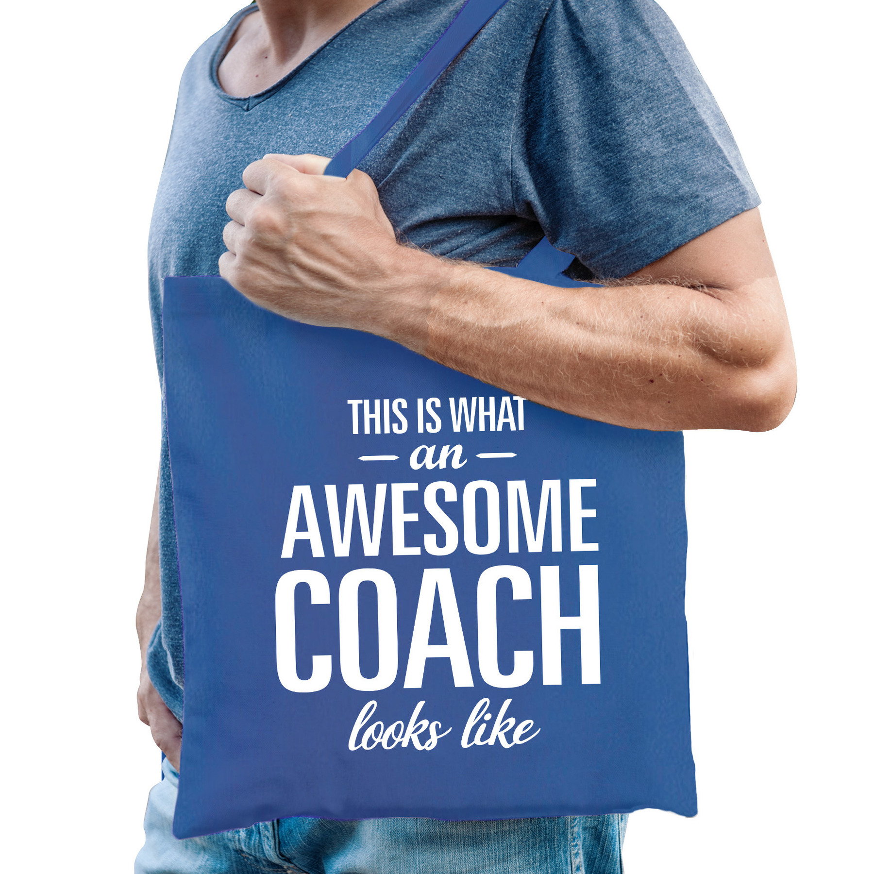 Cadeau tas voor coach/trainer - blauw - katoen - 42 x 38 cm - geweldige coach -